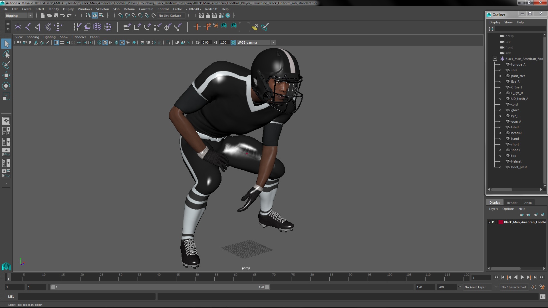 3D Black Man American Football Player Crouching Black Uniform model