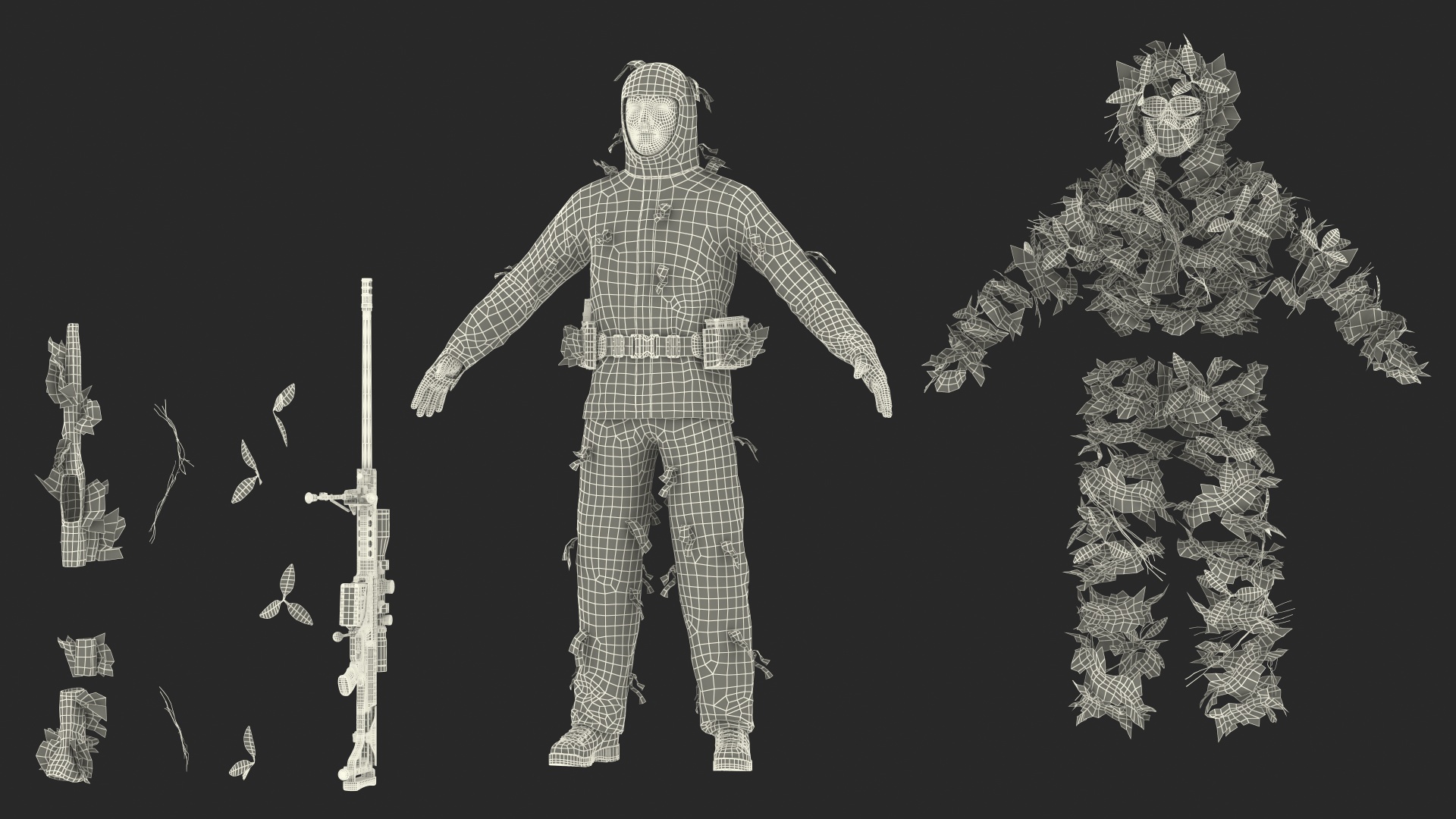 3D Sniper in Leaf Ghillie Suit Rigged for Maya model