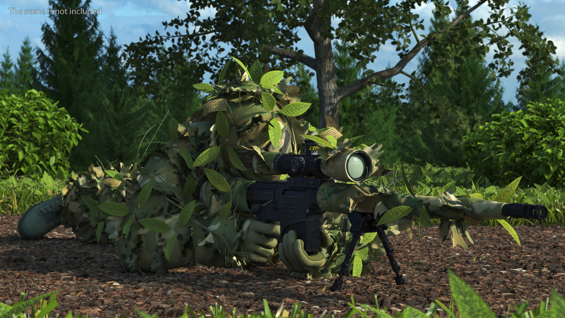 3D Sniper in Leaf Ghillie Suit Rigged for Maya model