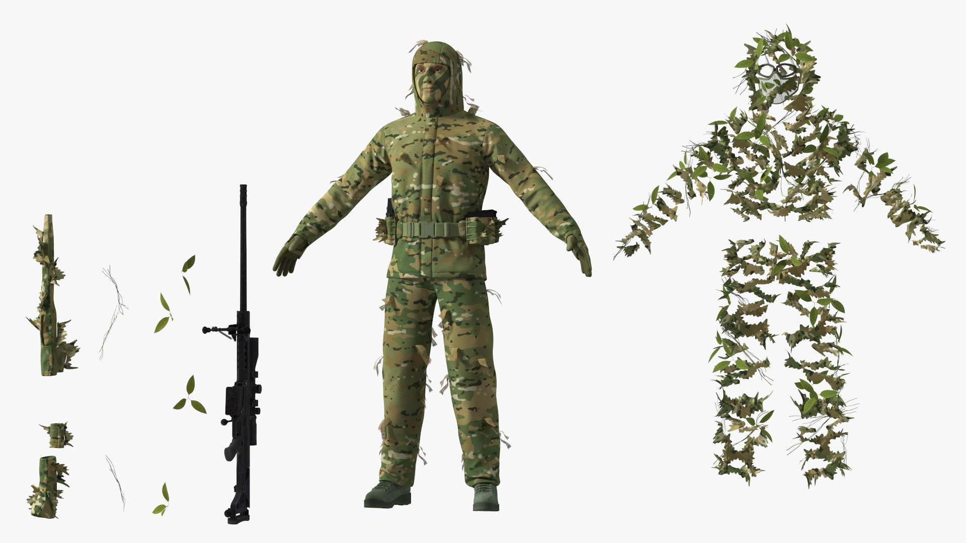 3D Sniper in Leaf Ghillie Suit Rigged for Maya model