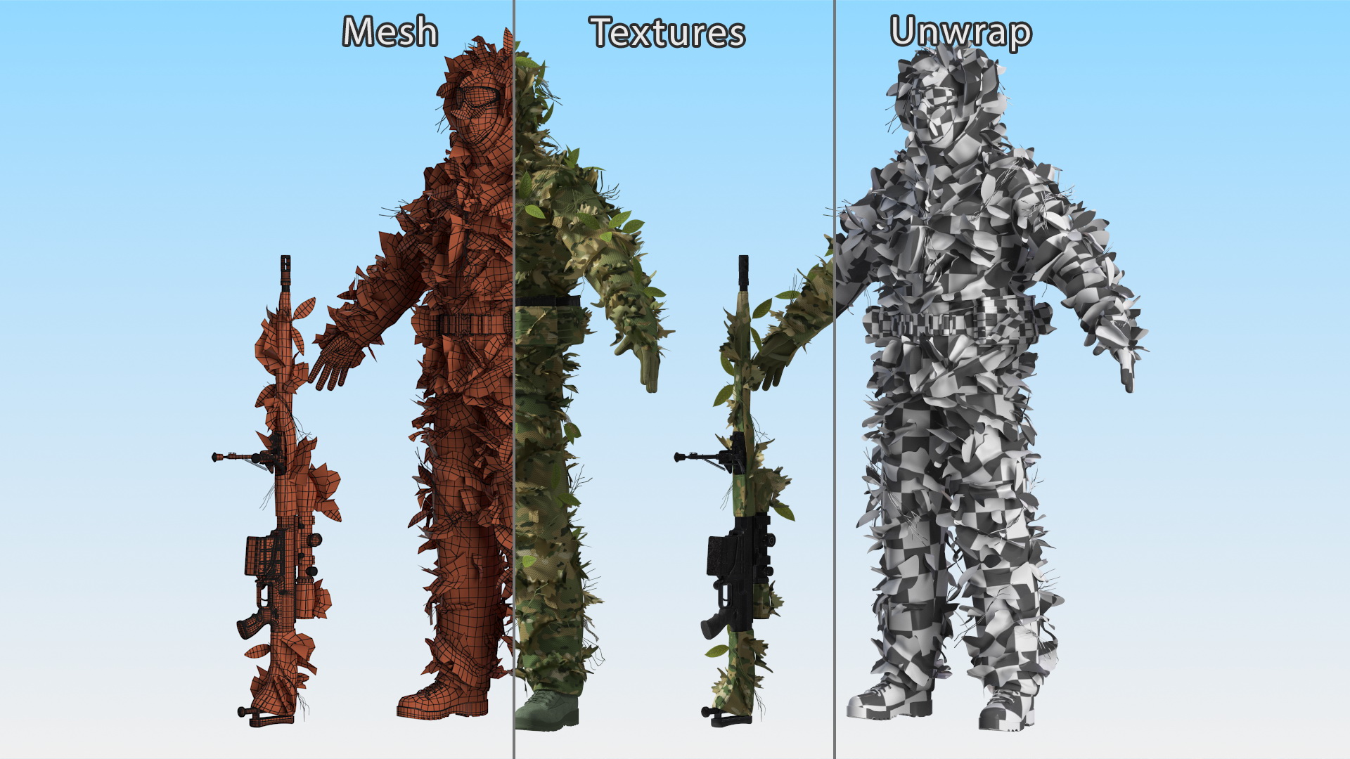3D Sniper in Leaf Ghillie Suit Rigged for Maya model