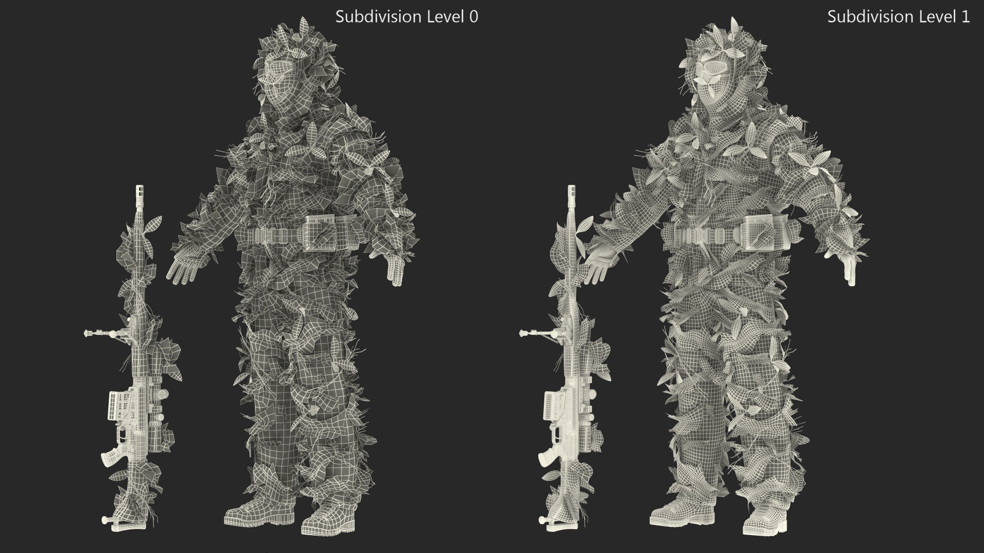3D Sniper in Leaf Ghillie Suit Rigged for Maya model