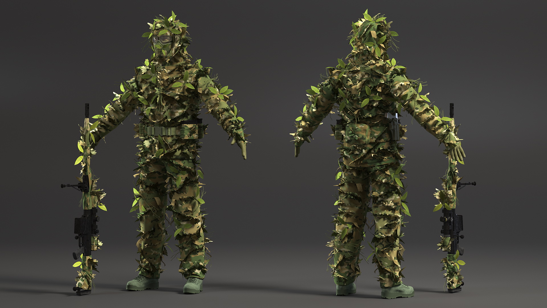 3D Sniper in Leaf Ghillie Suit Rigged for Maya model