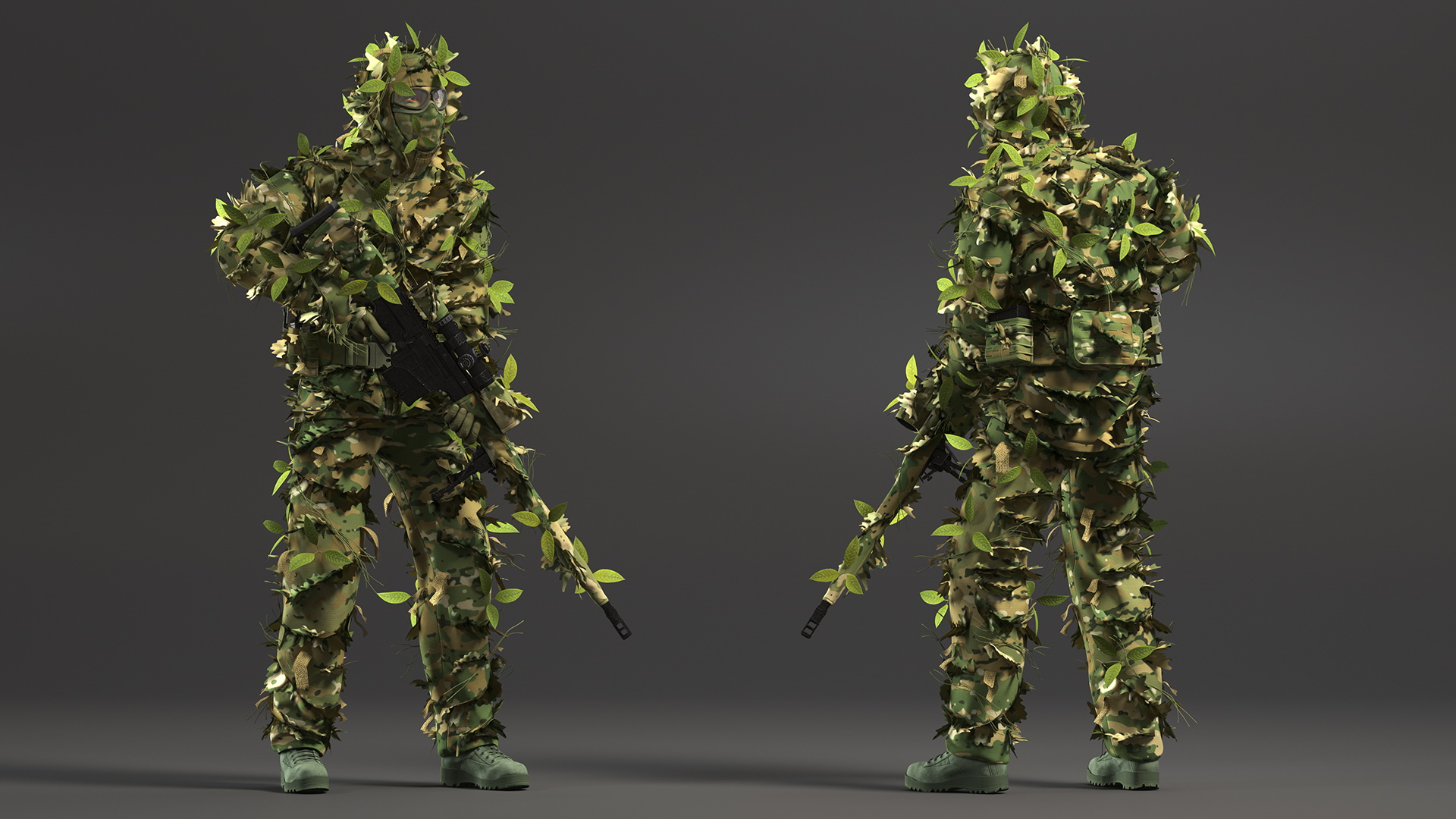 3D Sniper in Leaf Ghillie Suit Rigged for Maya model
