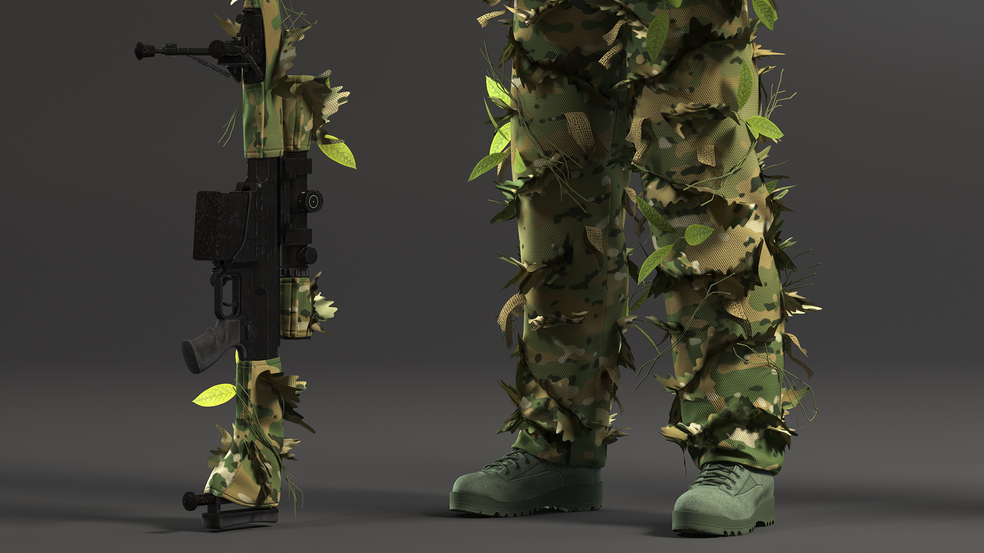3D Sniper in Leaf Ghillie Suit Rigged for Maya model
