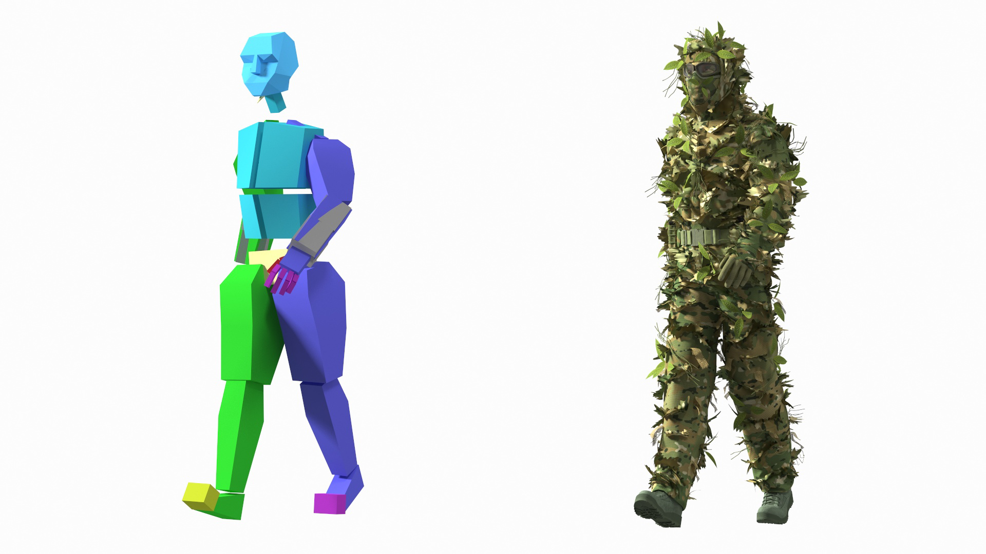 3D Sniper in Leaf Ghillie Suit Rigged for Maya model