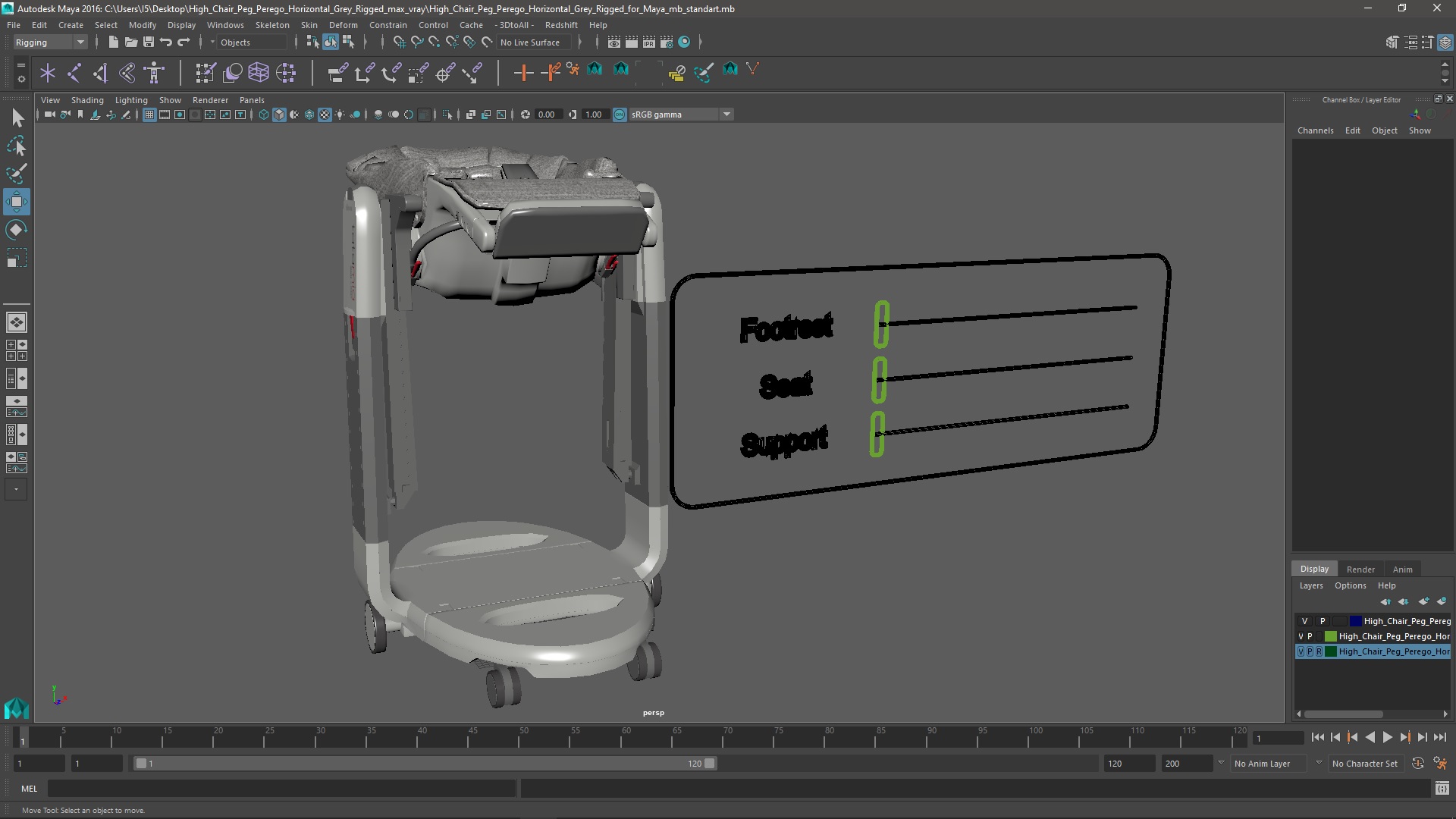 3D High Chair Peg Perego Horizontal Grey Rigged for Maya model