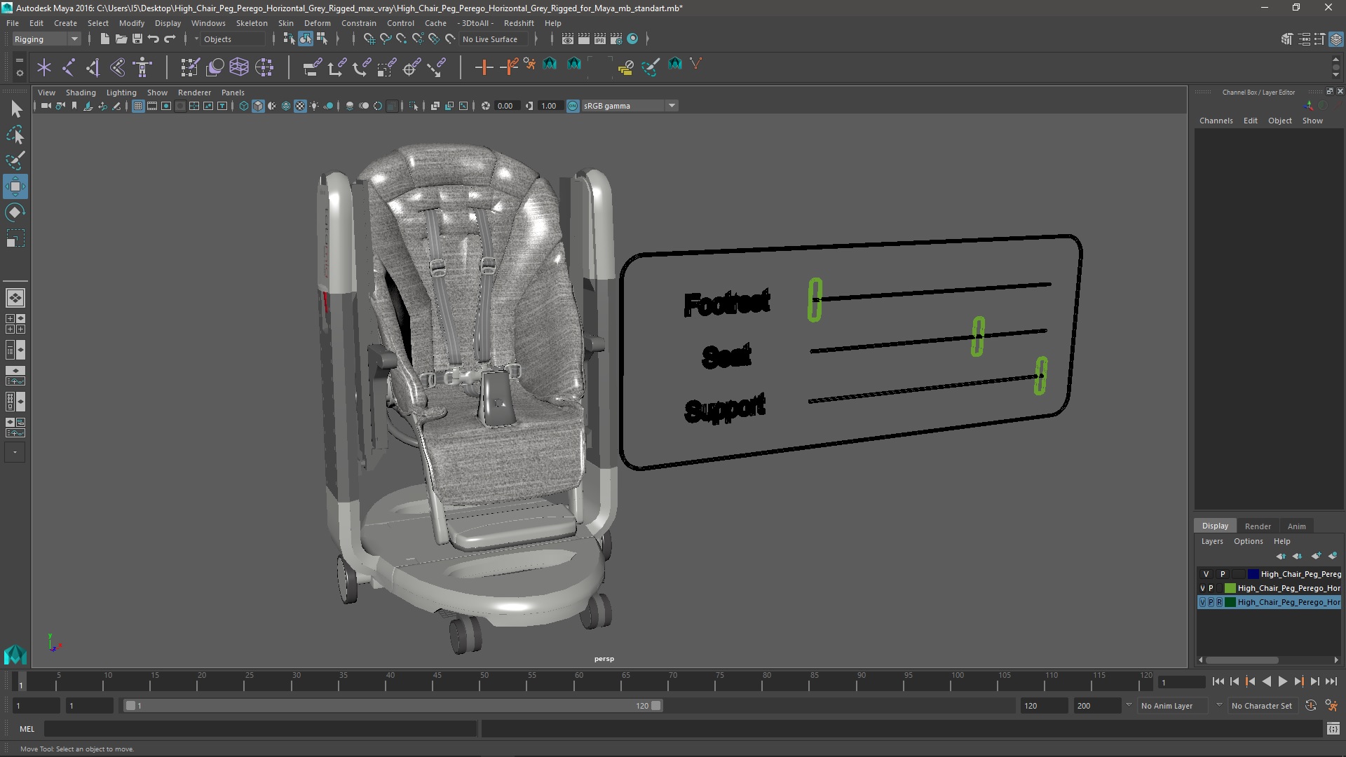 3D High Chair Peg Perego Horizontal Grey Rigged for Maya model