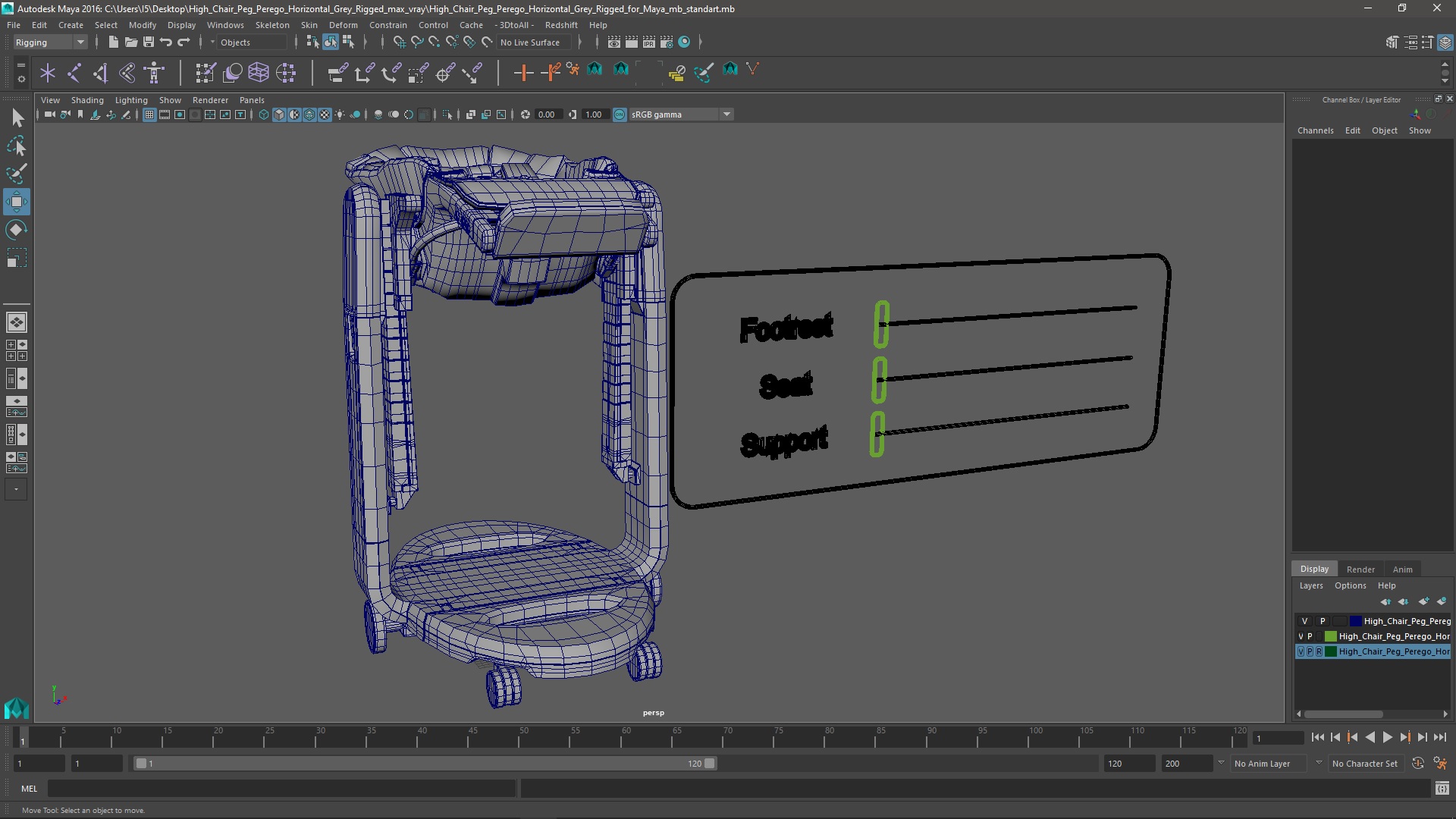 3D High Chair Peg Perego Horizontal Grey Rigged for Maya model