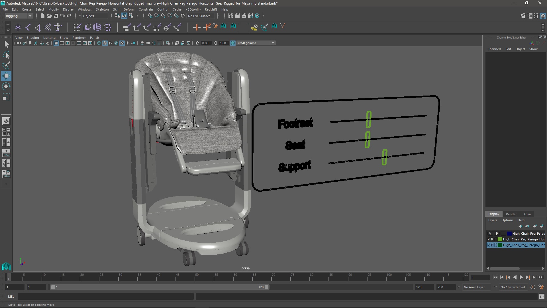 3D High Chair Peg Perego Horizontal Grey Rigged for Maya model