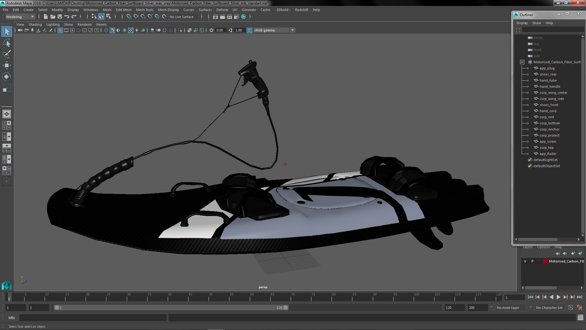 Motorised Carbon Fiber Surfboard Silver 3D model