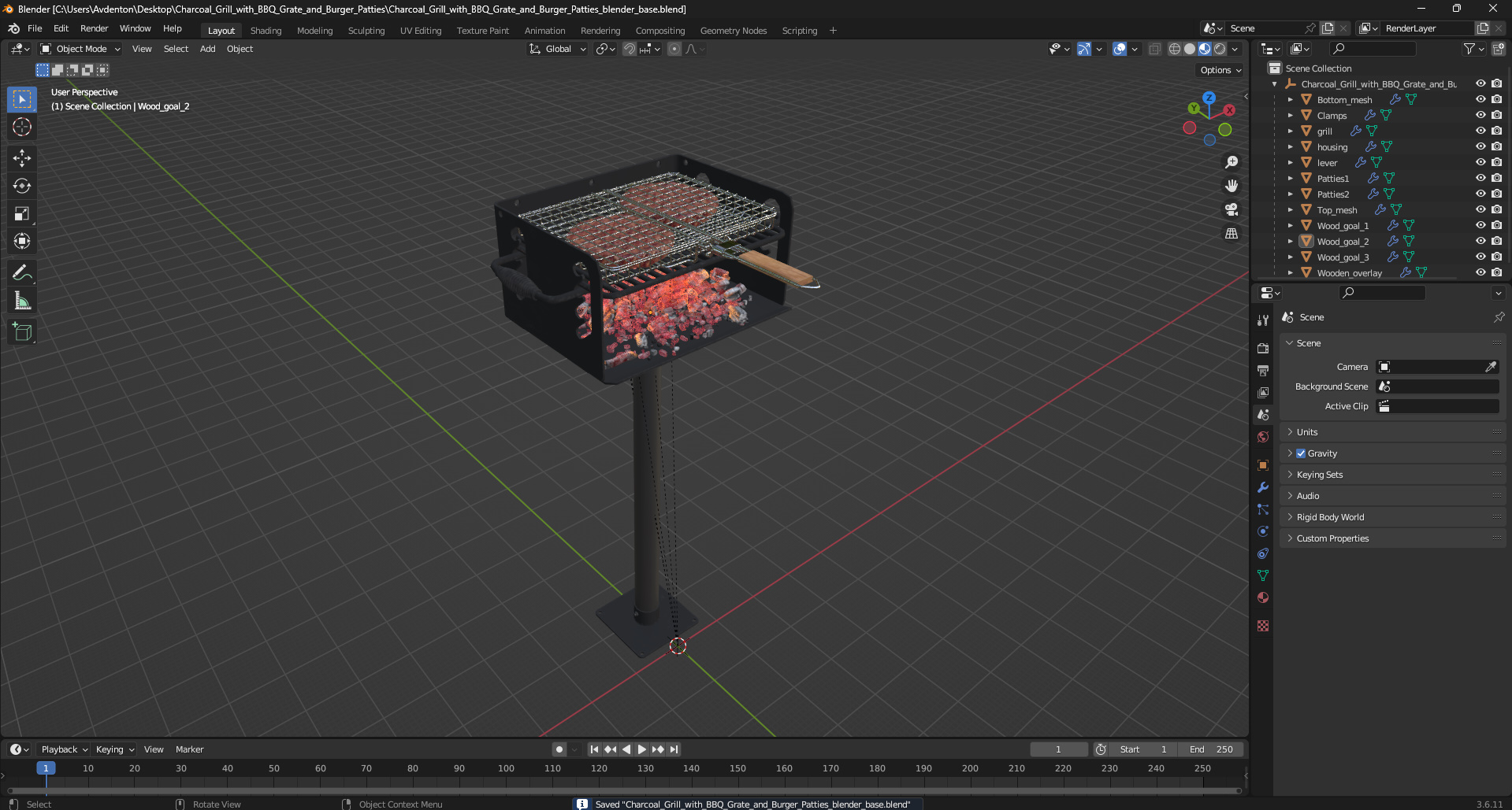 3D Charcoal Grill with BBQ Grate and Burger Patties model