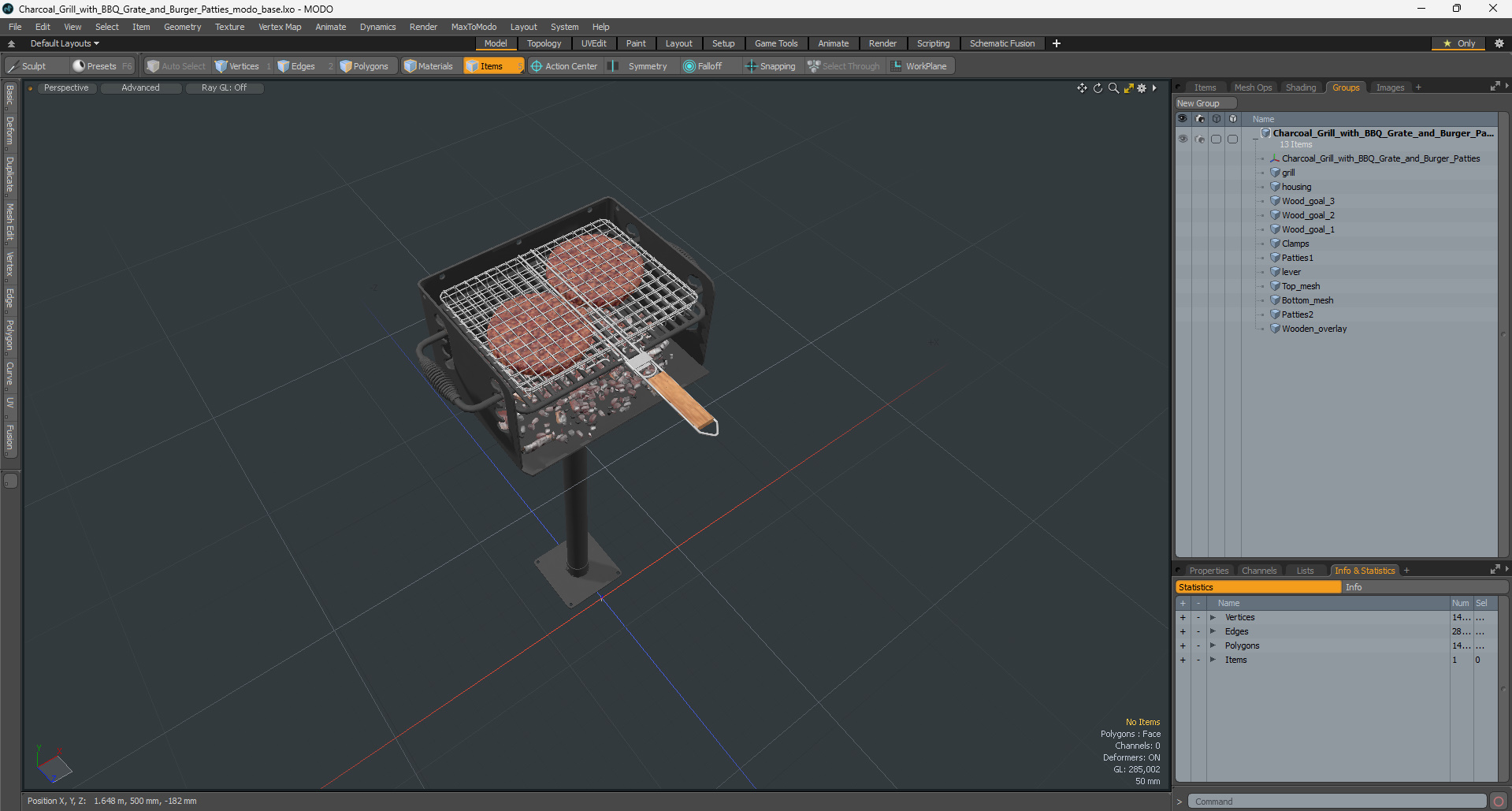 3D Charcoal Grill with BBQ Grate and Burger Patties model