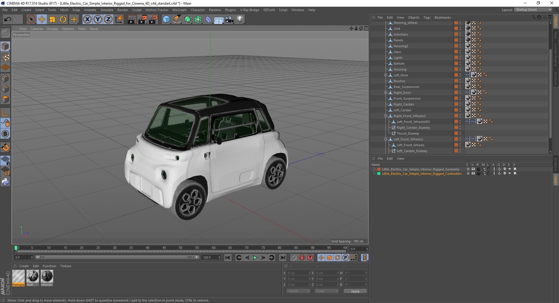 3D Little Electric Car Simple Interior Rigged for Cinema 4D