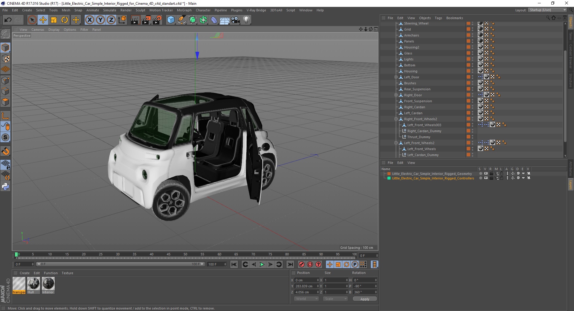 3D Little Electric Car Simple Interior Rigged for Cinema 4D