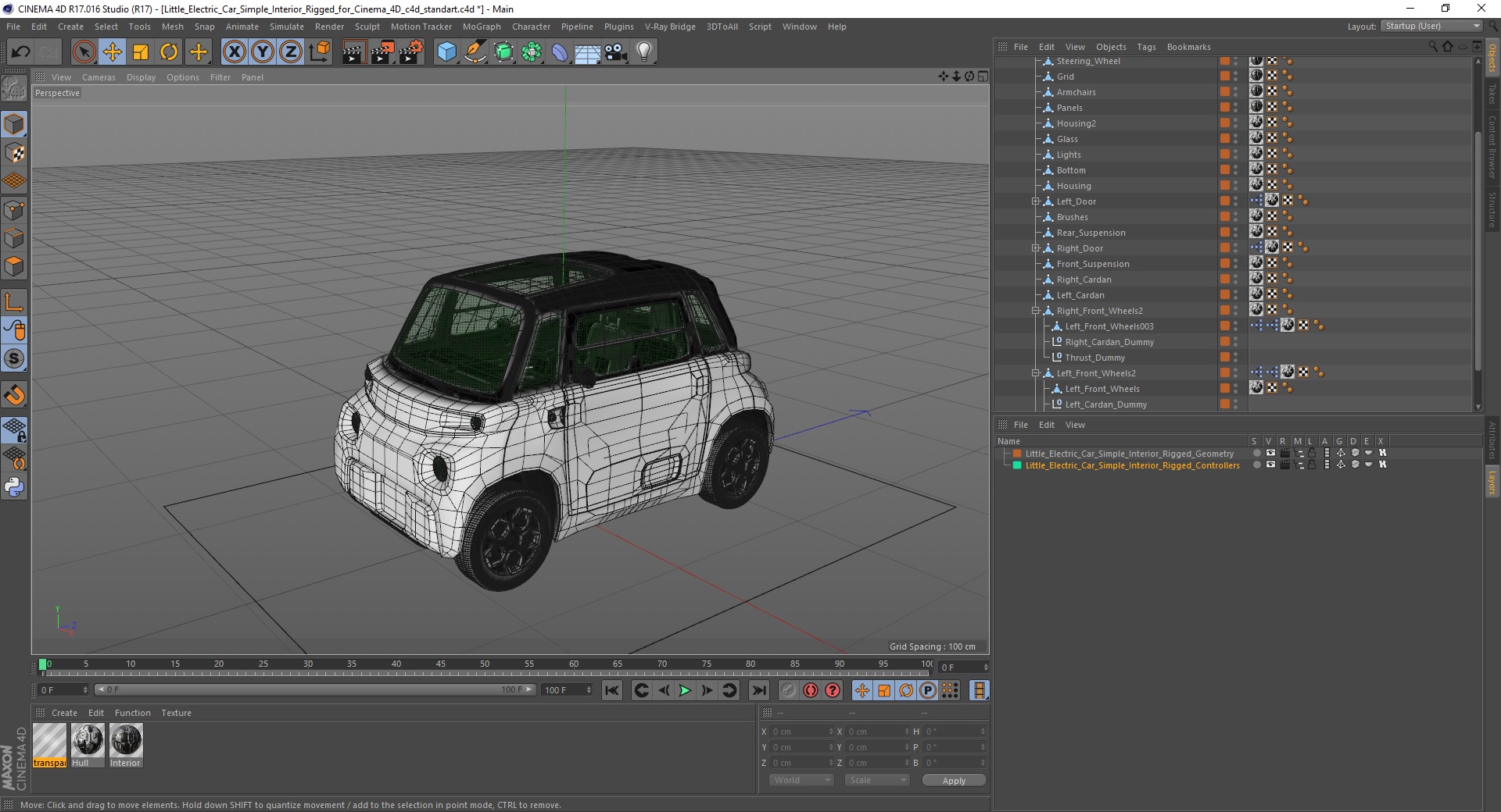 3D Little Electric Car Simple Interior Rigged for Cinema 4D