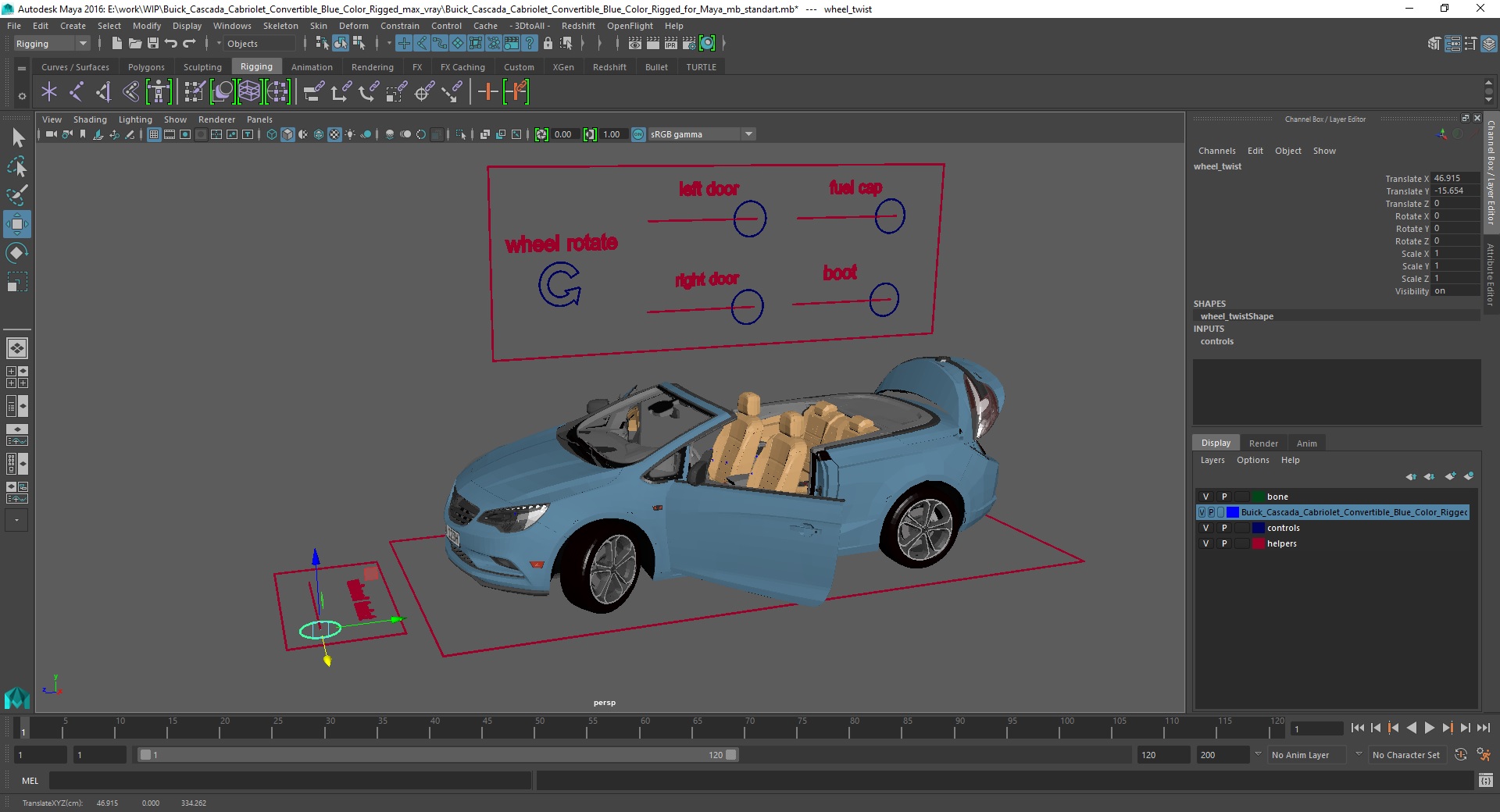 Buick Cascada Cabriolet Convertible Blue Color Rigged for Maya 3D