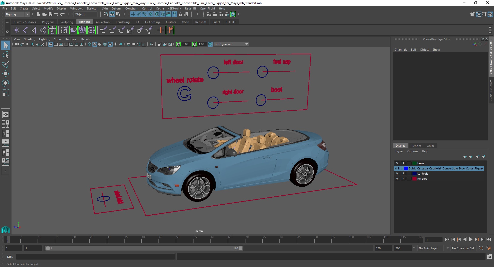 Buick Cascada Cabriolet Convertible Blue Color Rigged for Maya 3D