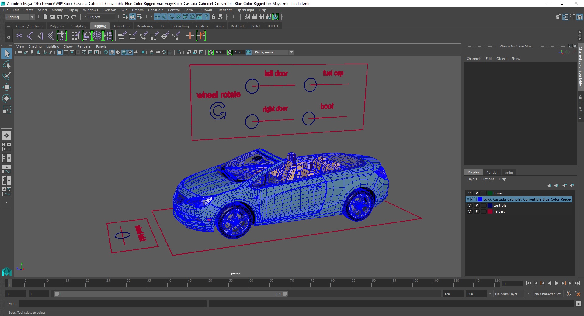 Buick Cascada Cabriolet Convertible Blue Color Rigged for Maya 3D