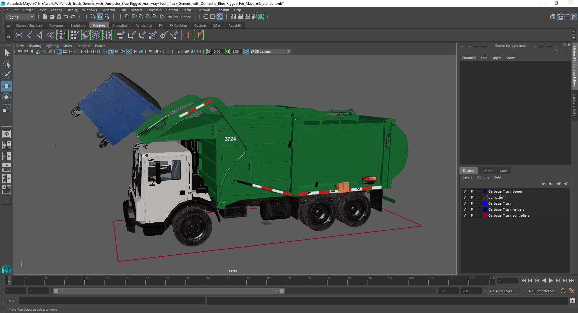 Trash Truck Generic with Dumpster Blue Rigged for Maya 3D model
