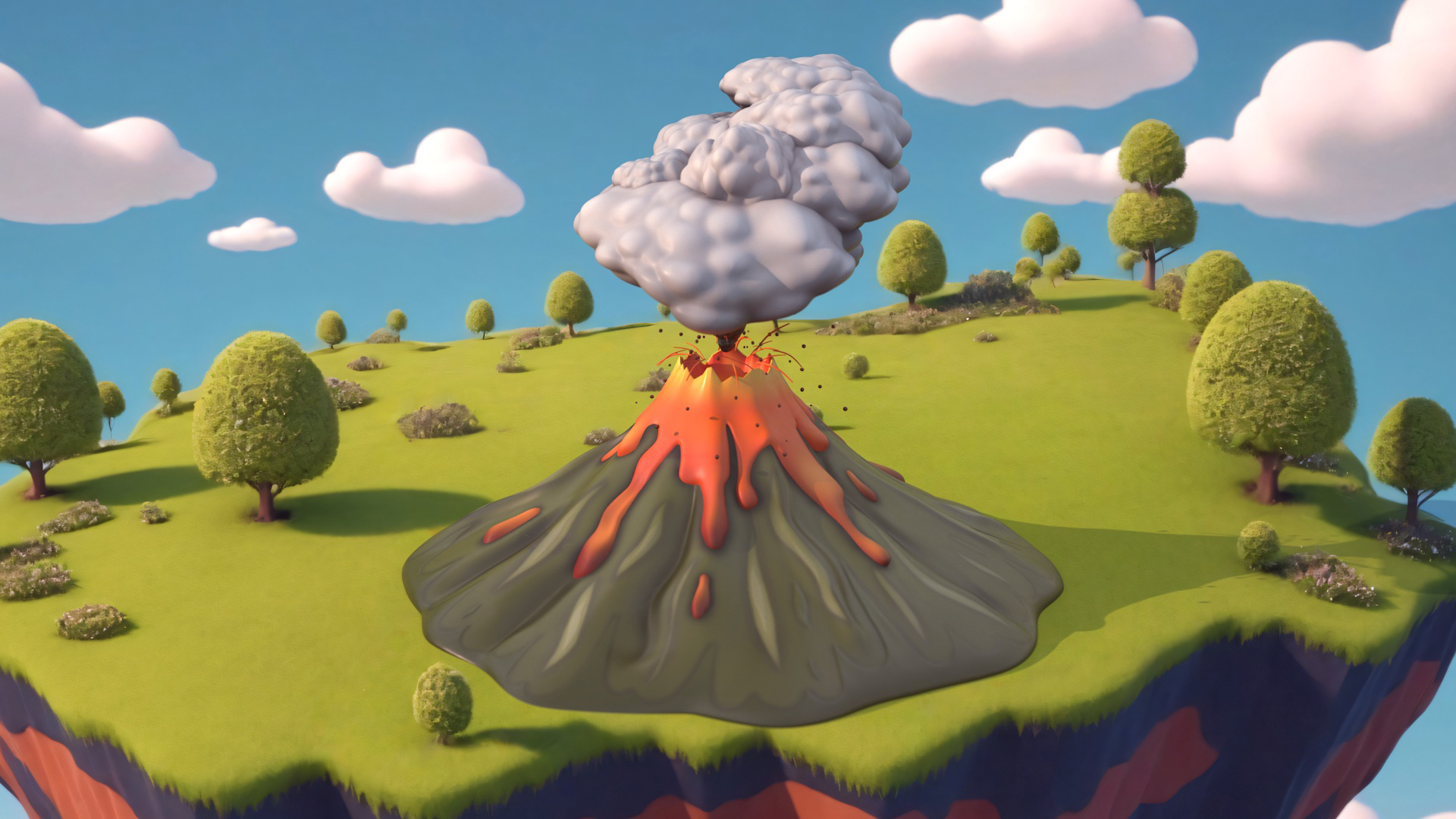 3D Stylized Erupting Volcano Green