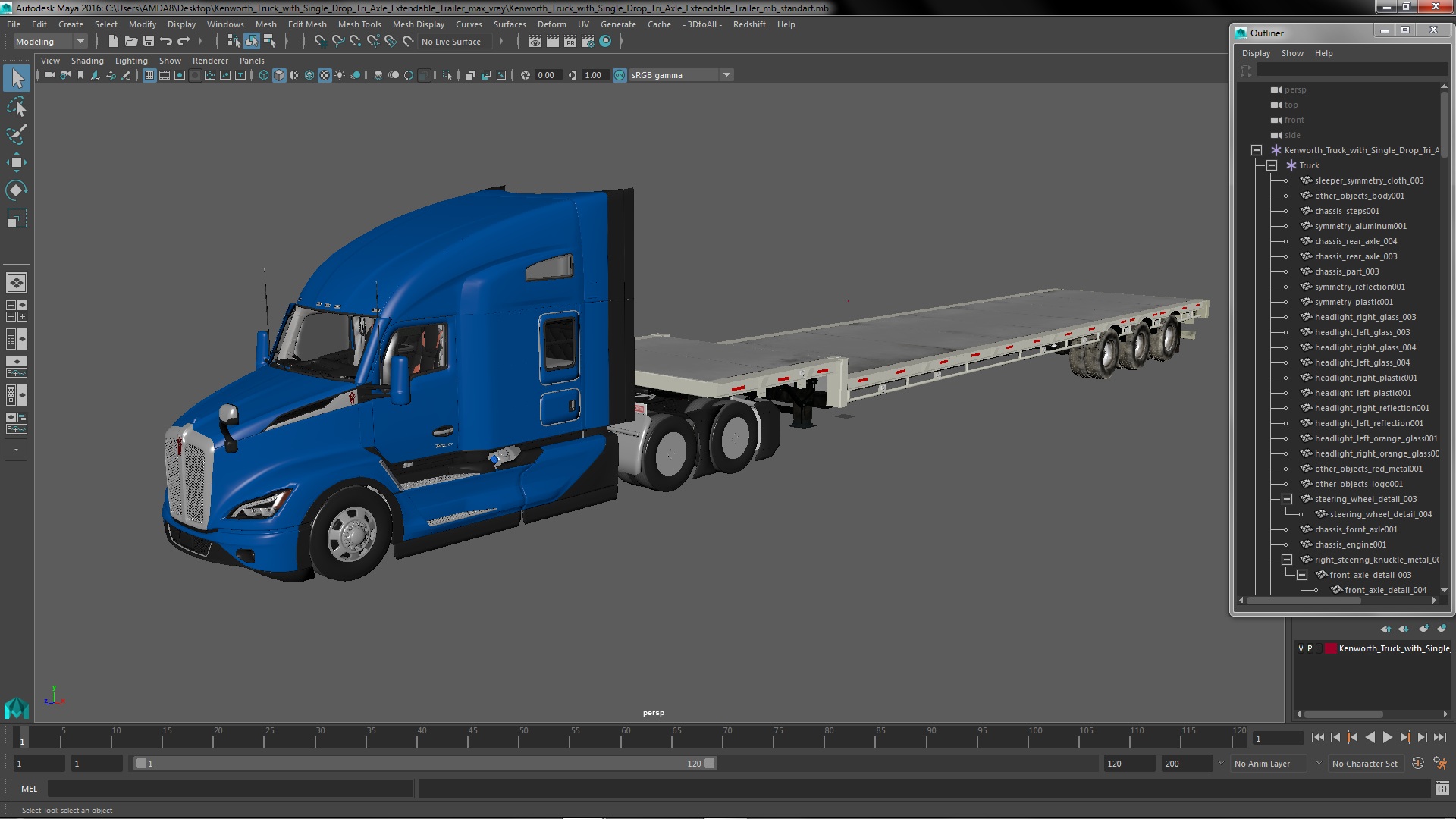 Kenworth Truck with Single Drop Tri Axle Extendable Trailer 3D model
