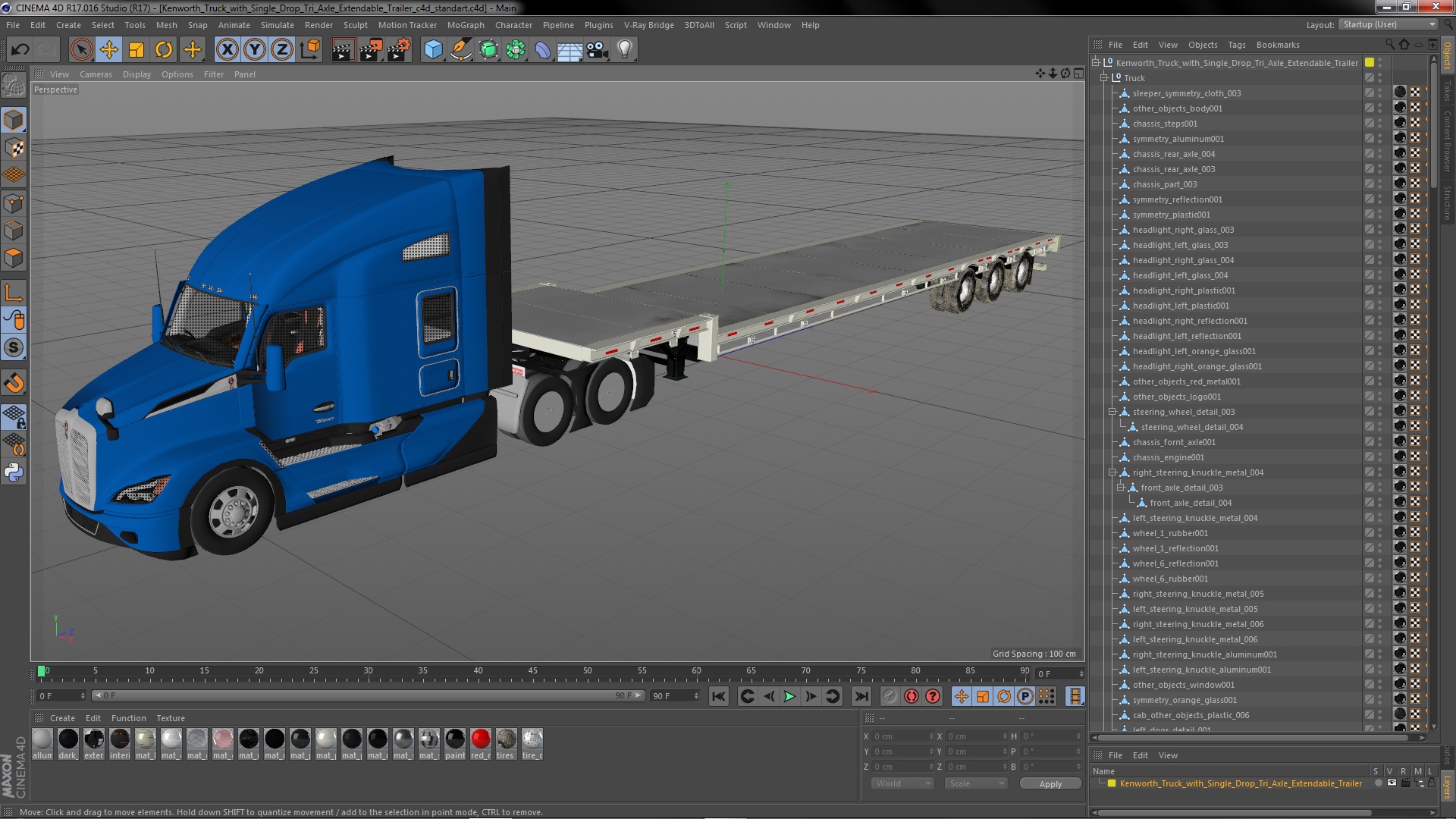 Kenworth Truck with Single Drop Tri Axle Extendable Trailer 3D model