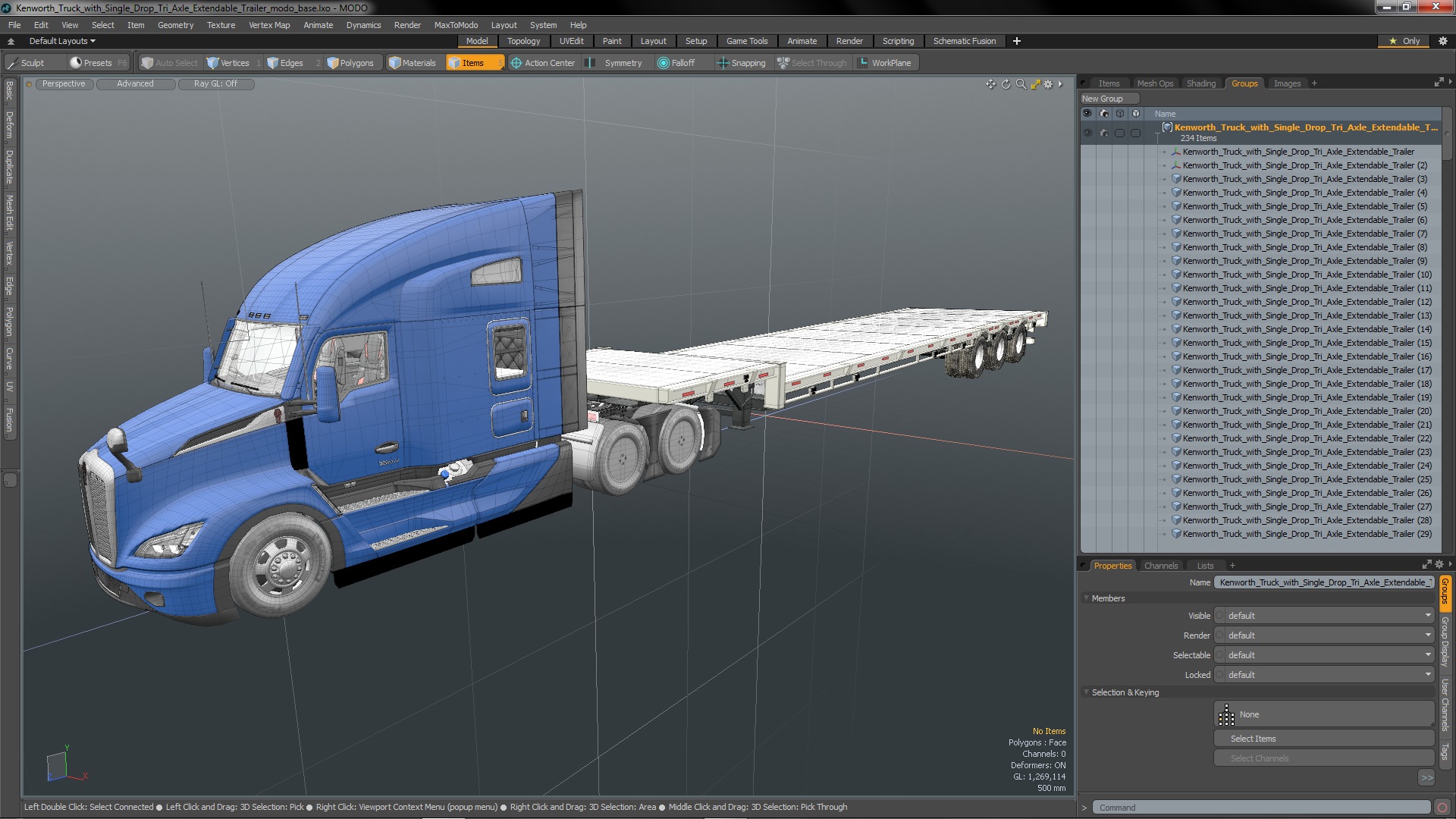 Kenworth Truck with Single Drop Tri Axle Extendable Trailer 3D model