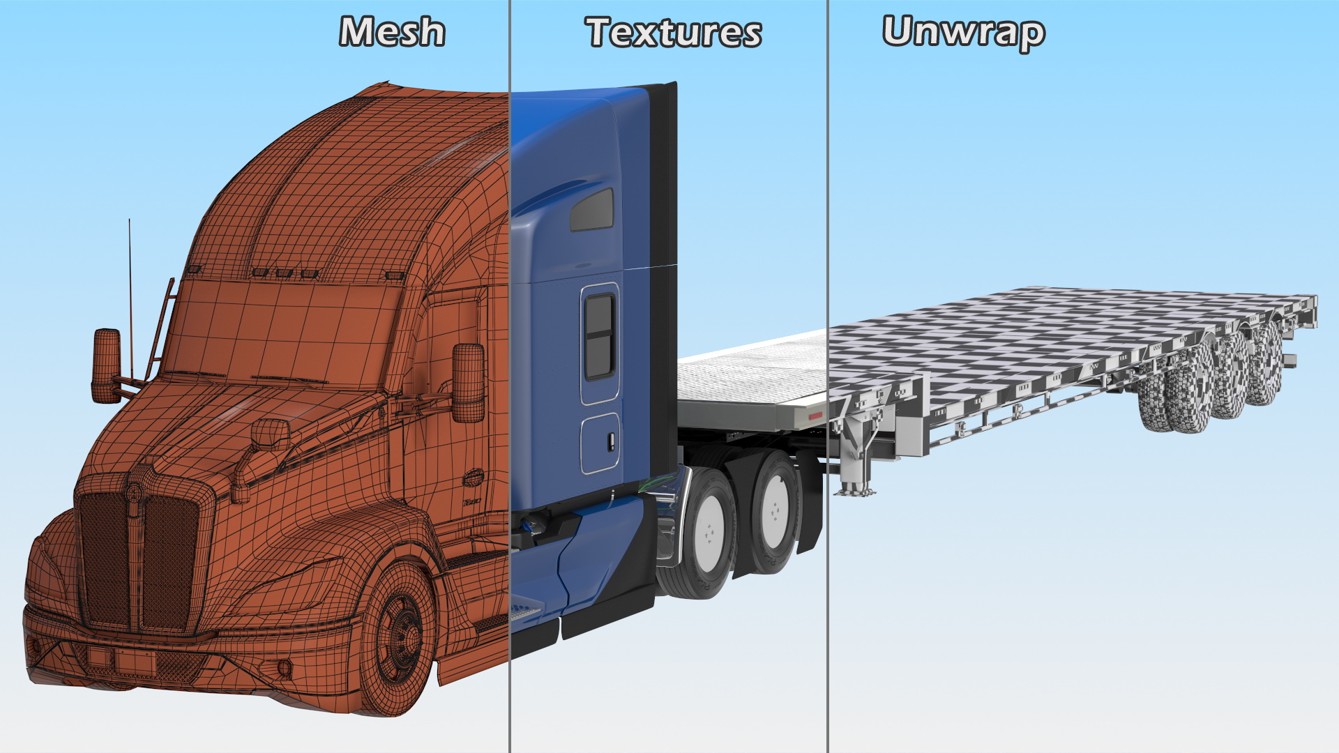 Kenworth Truck with Single Drop Tri Axle Extendable Trailer 3D model