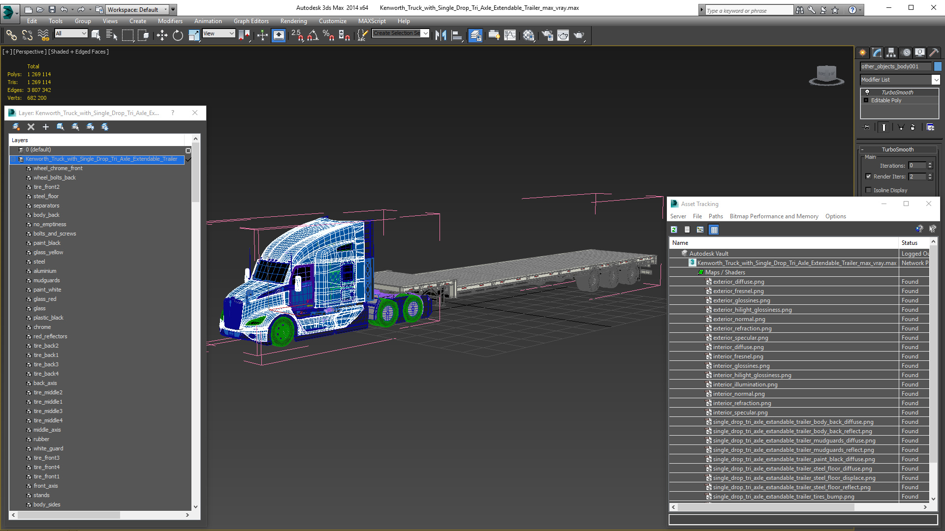 Kenworth Truck with Single Drop Tri Axle Extendable Trailer 3D model