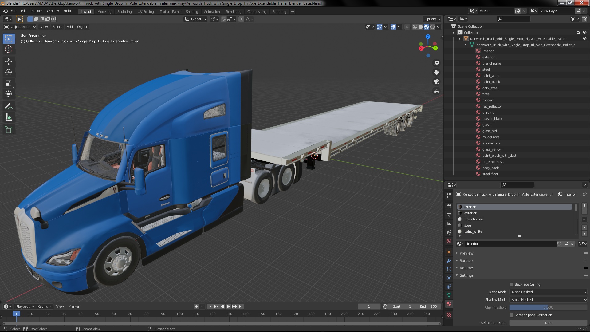 Kenworth Truck with Single Drop Tri Axle Extendable Trailer 3D model