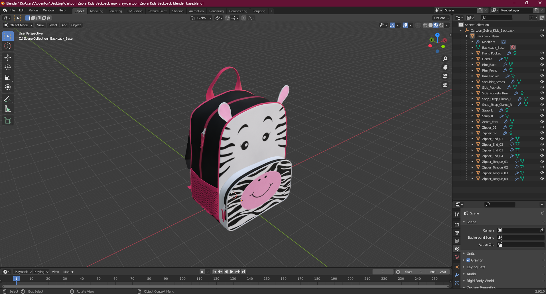Cartoon Zebra Kids Backpack 3D