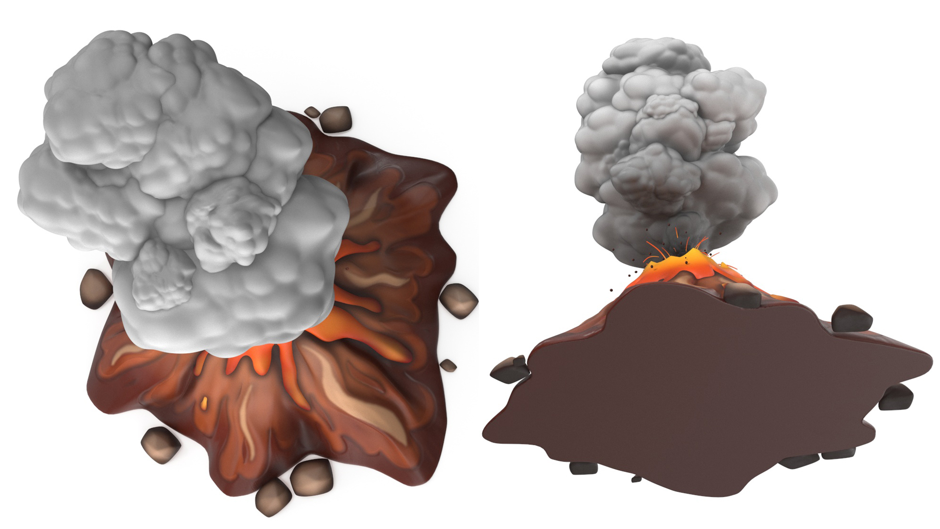 3D Brown Stylized Erupting Volcano with Lava and Smoke