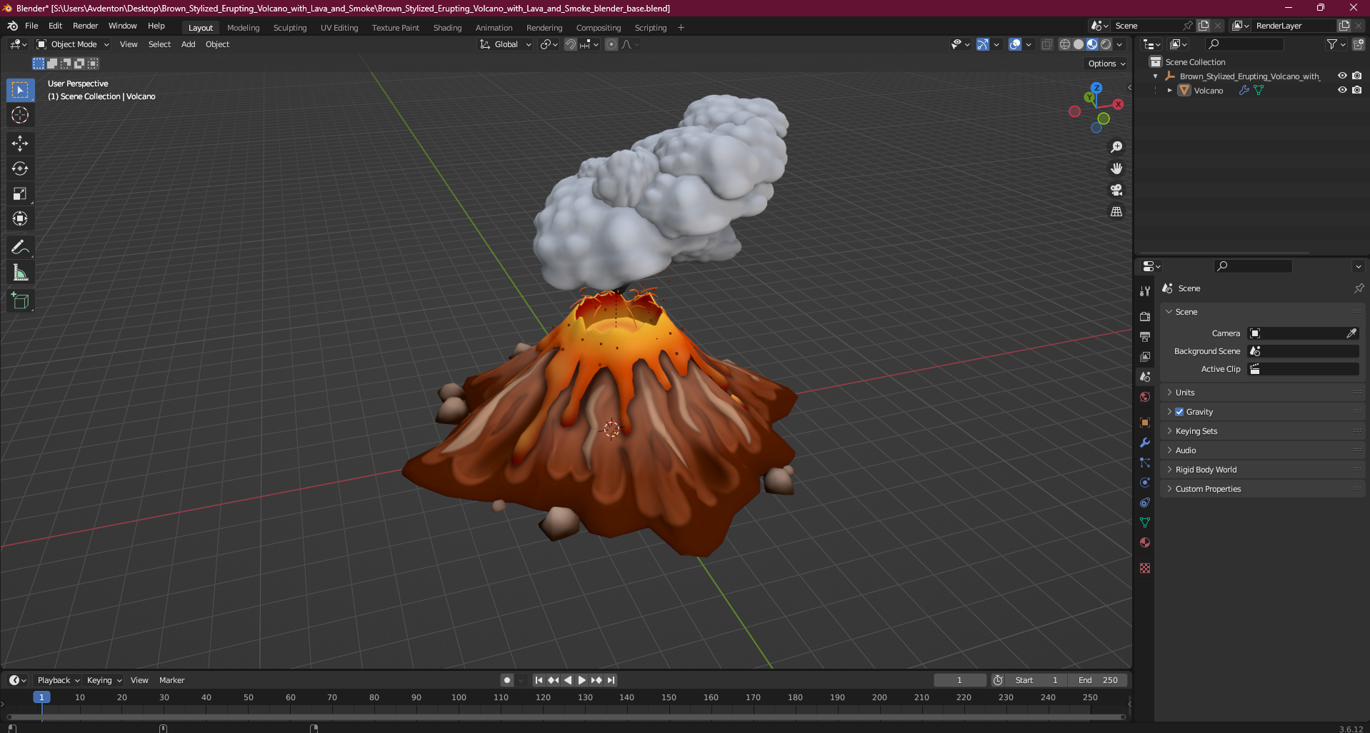3D Brown Stylized Erupting Volcano with Lava and Smoke