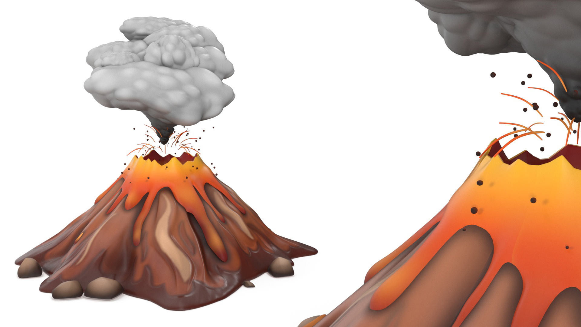 3D Brown Stylized Erupting Volcano with Lava and Smoke