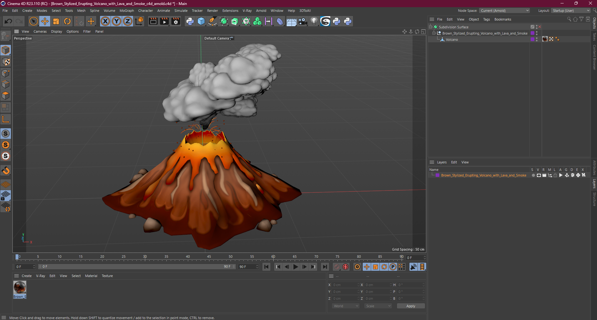 3D Brown Stylized Erupting Volcano with Lava and Smoke