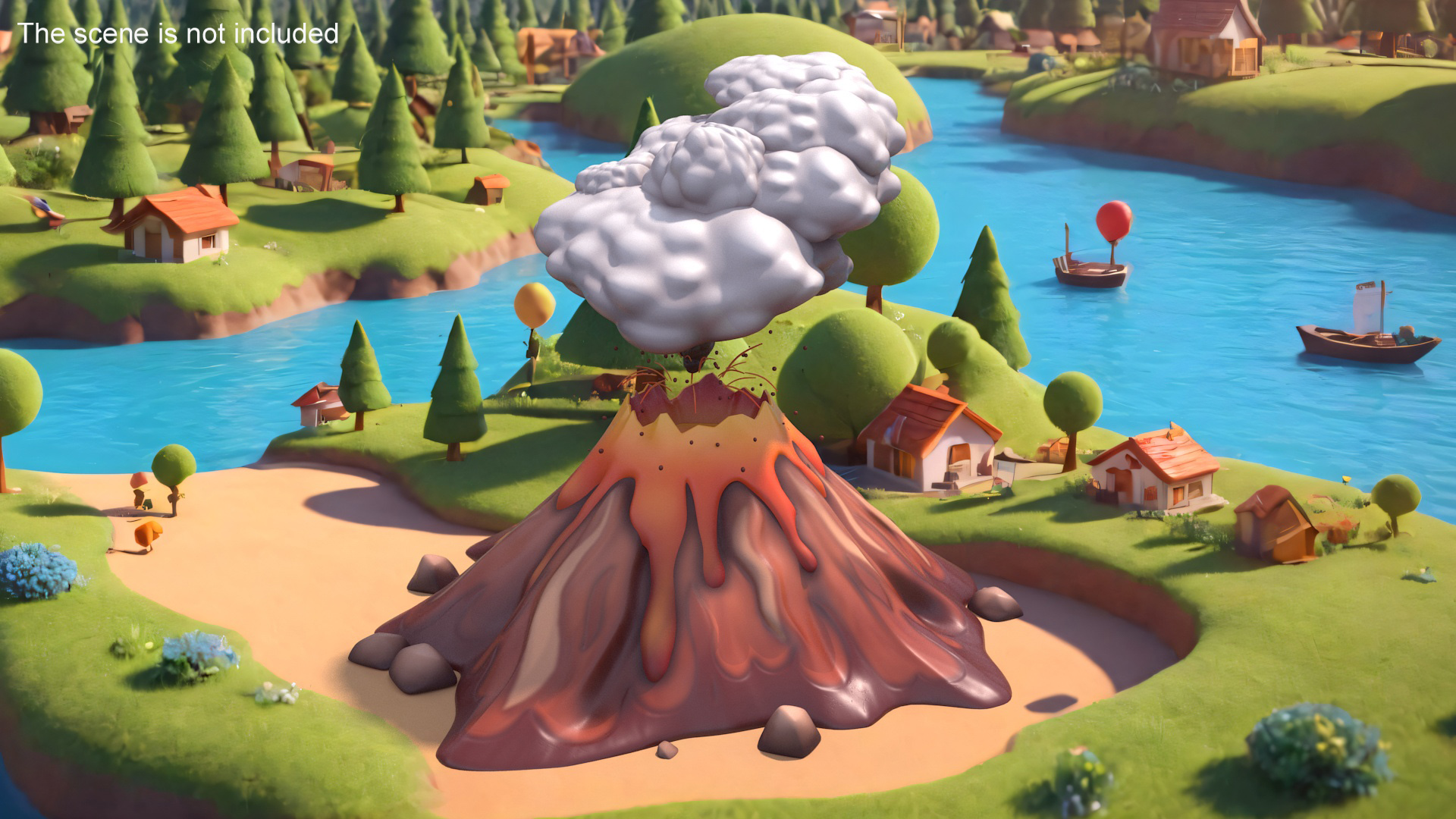 3D Brown Stylized Erupting Volcano with Lava and Smoke