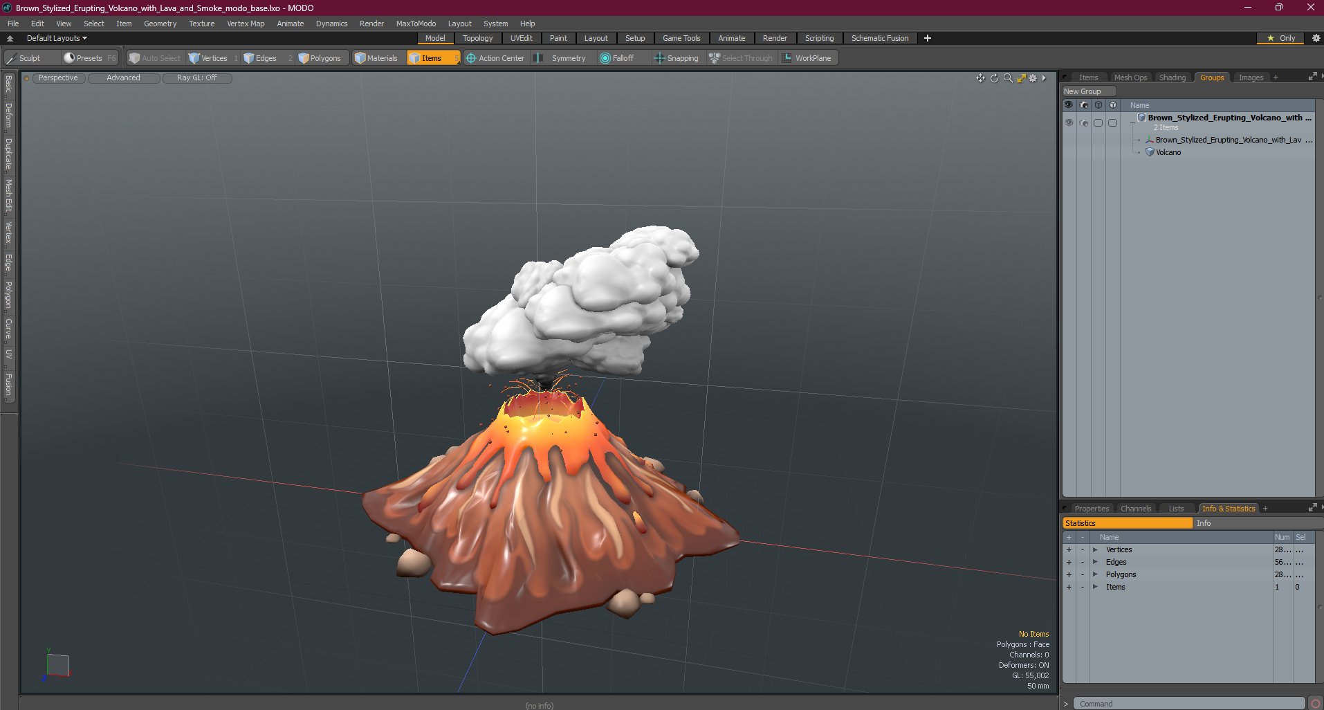 3D Brown Stylized Erupting Volcano with Lava and Smoke