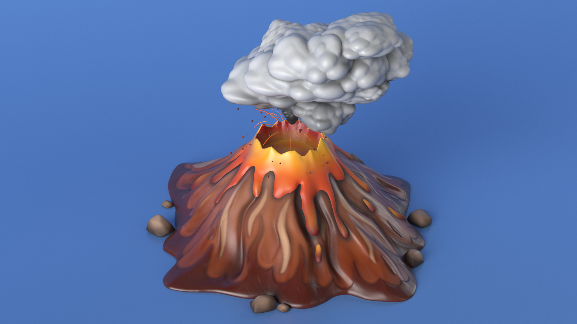 3D Brown Stylized Erupting Volcano with Lava and Smoke