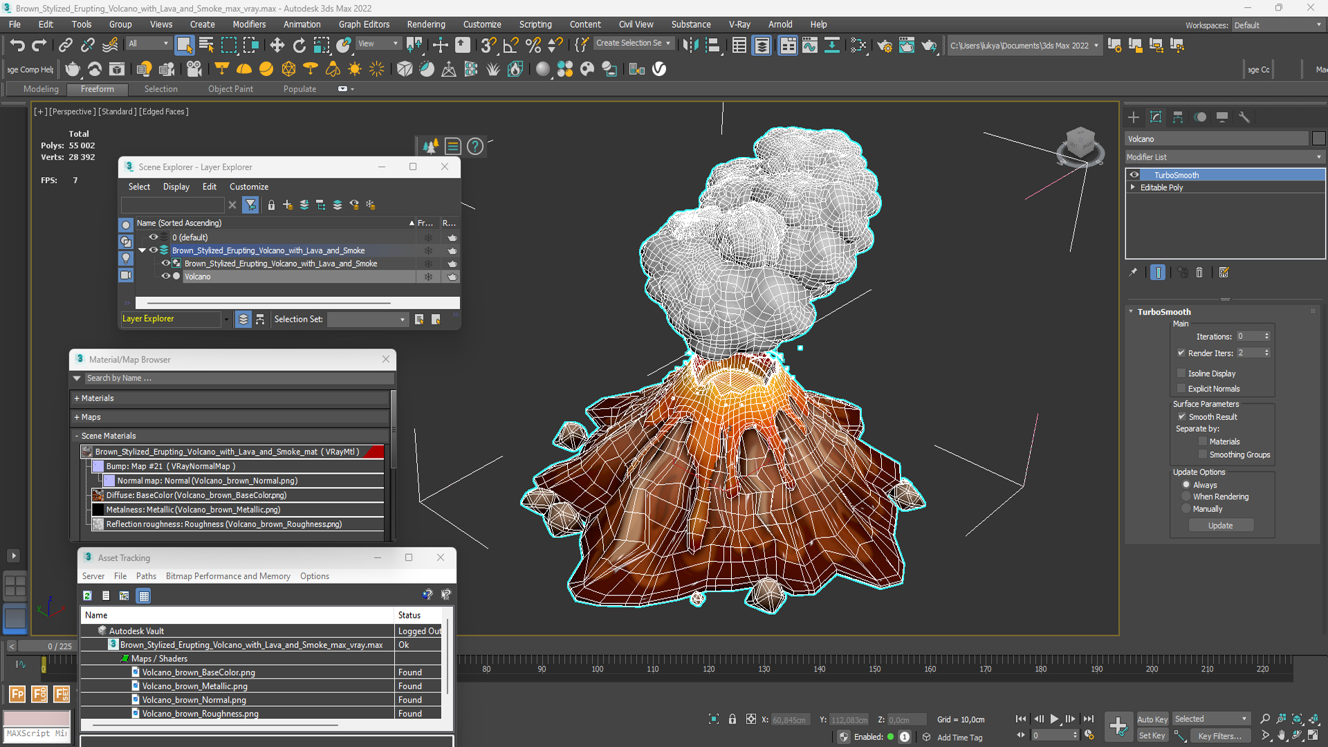 3D Brown Stylized Erupting Volcano with Lava and Smoke