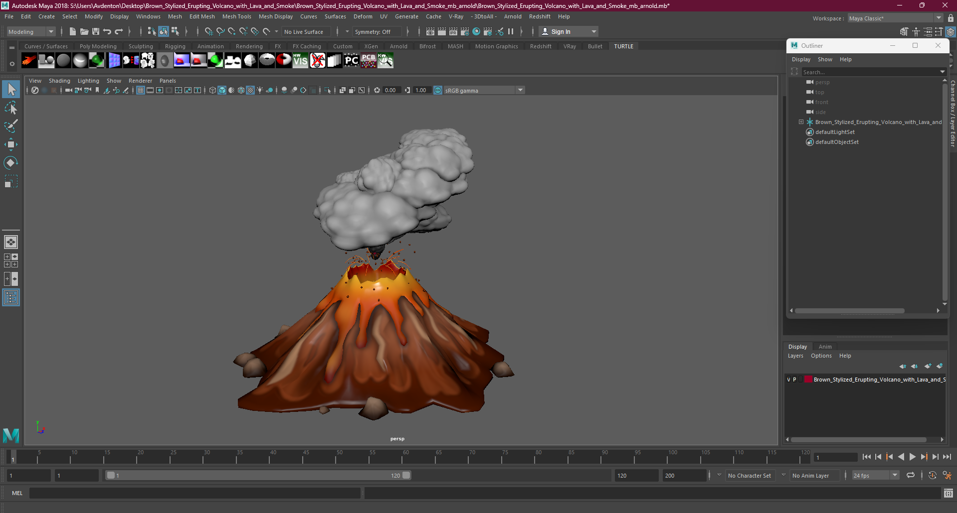 3D Brown Stylized Erupting Volcano with Lava and Smoke