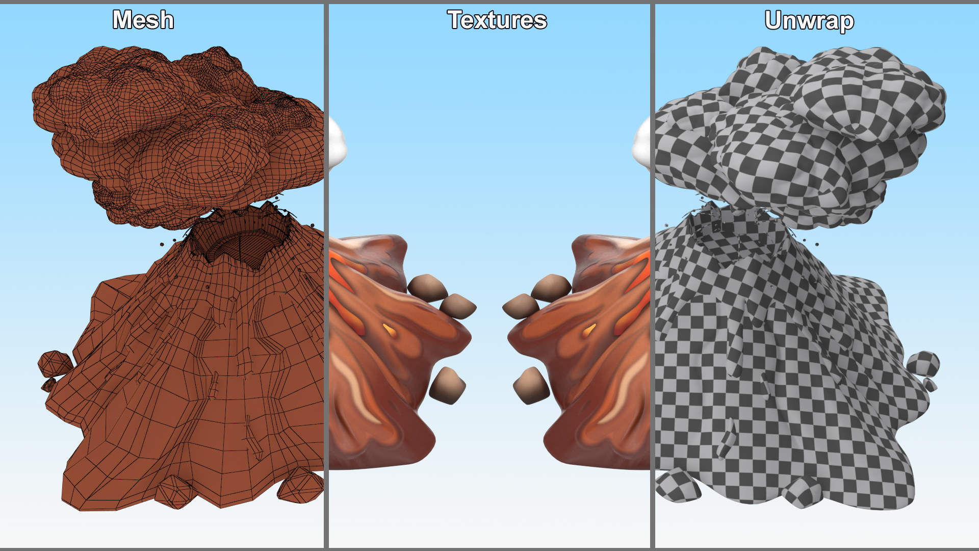3D Brown Stylized Erupting Volcano with Lava and Smoke