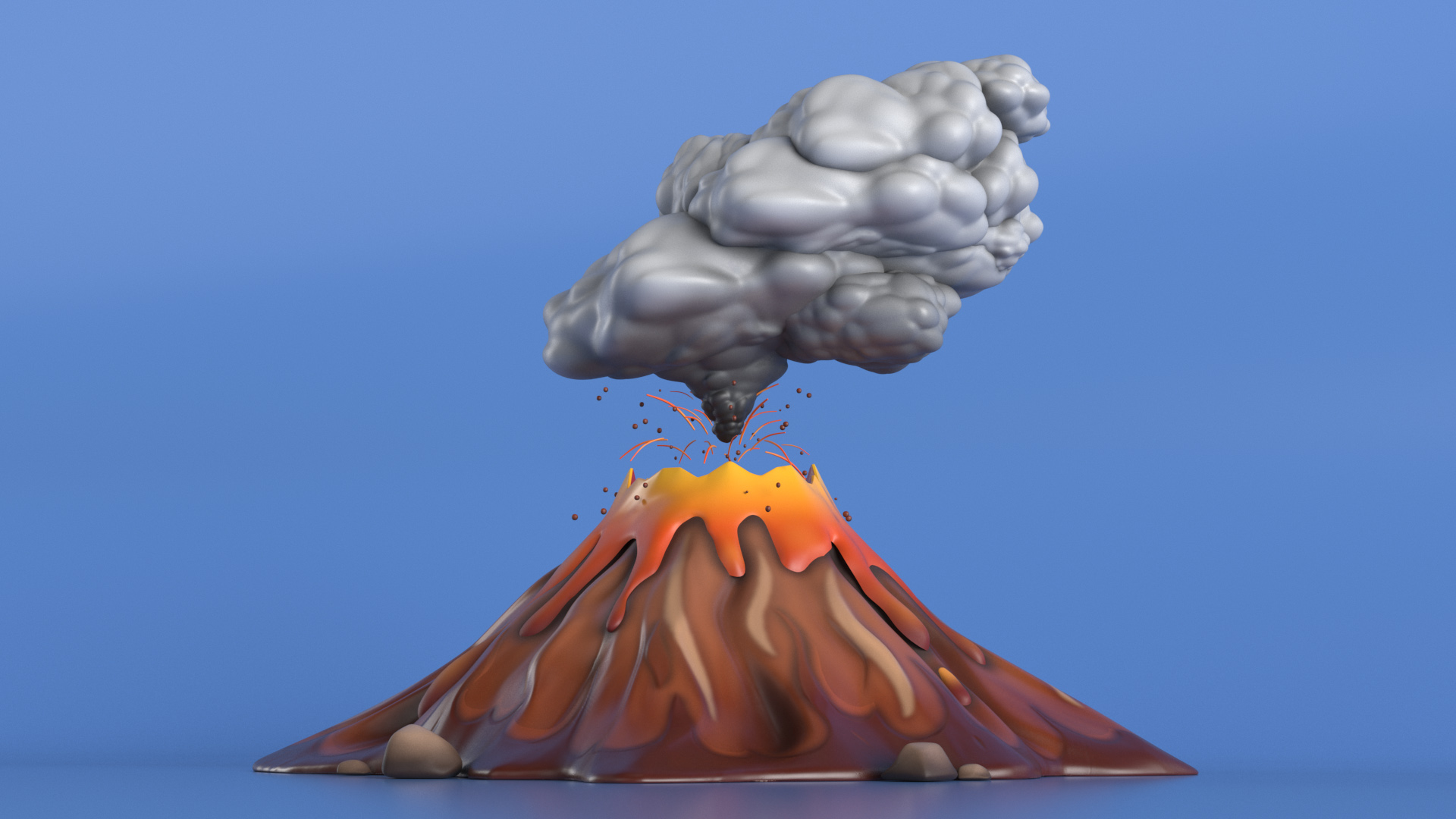 3D Brown Stylized Erupting Volcano with Lava and Smoke