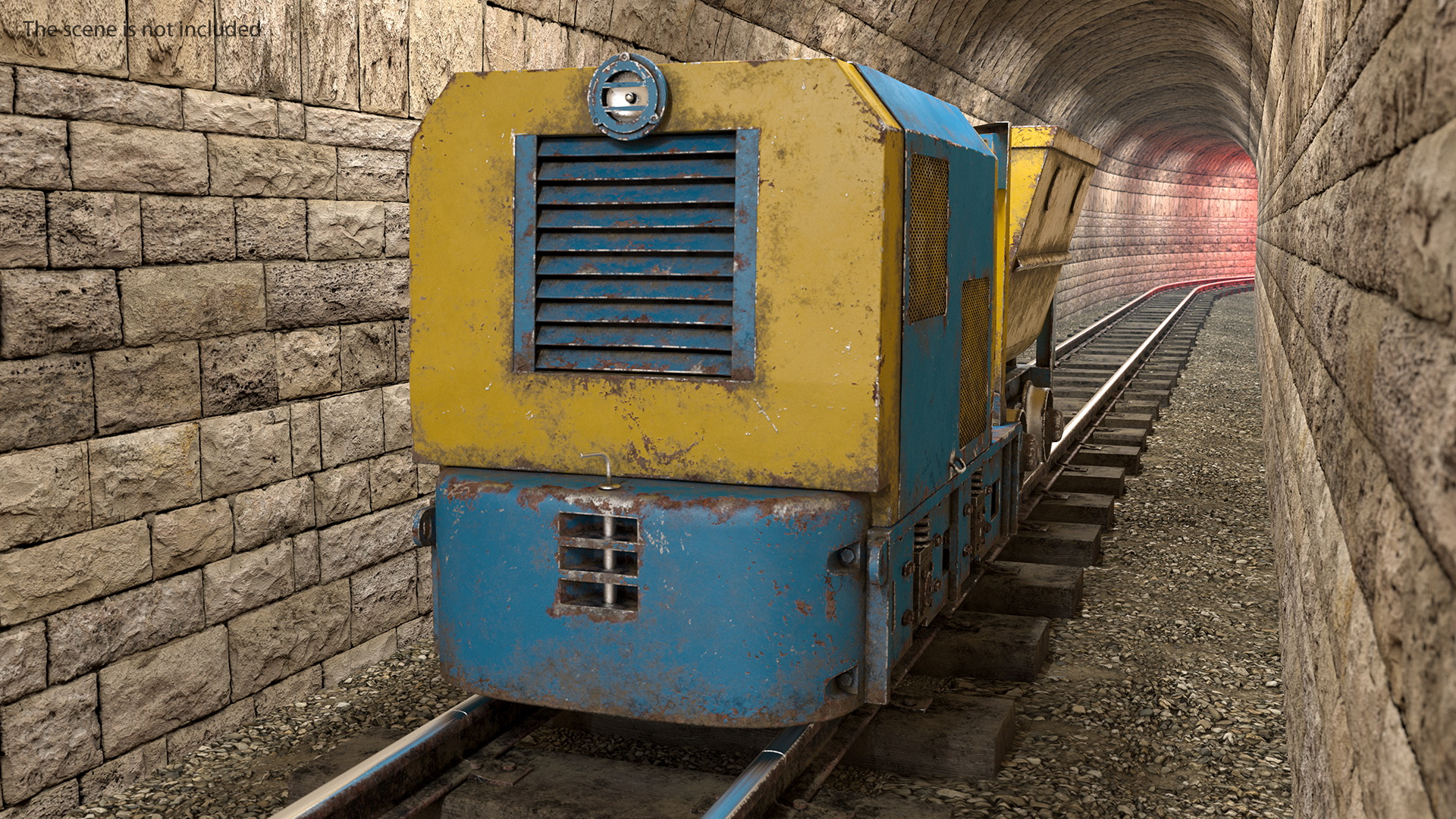 3D Mining Locomotive with Minecart on Railway Section Dusty