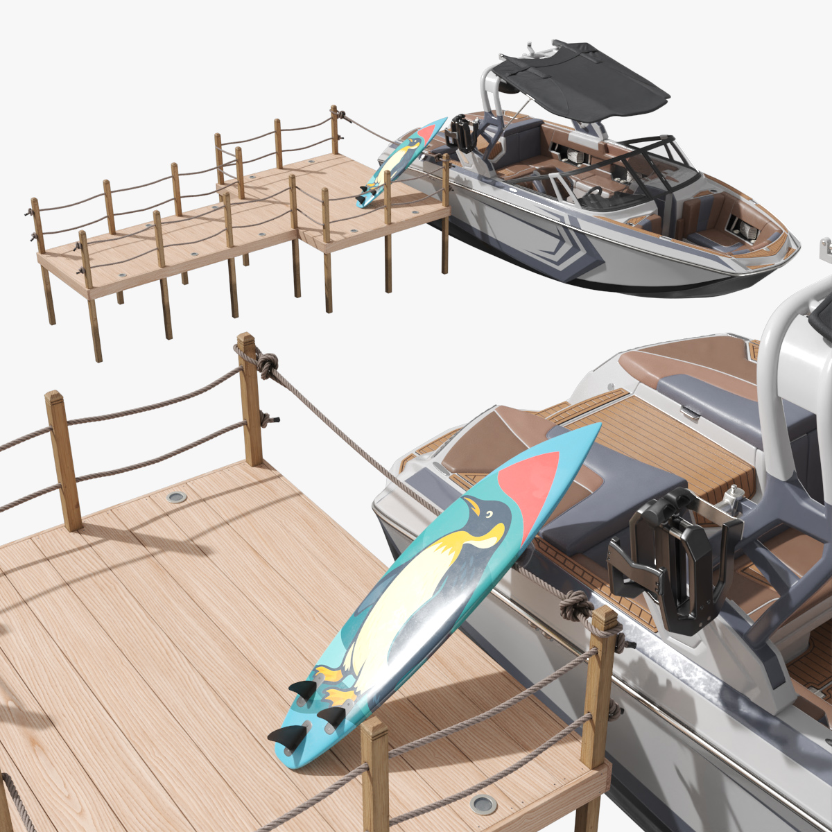 Wake Surf Boat with Boarding Dock 3D model preview