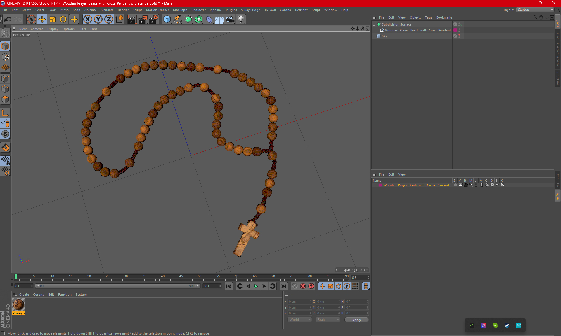 3D Wooden Prayer Beads with Cross Pendant model