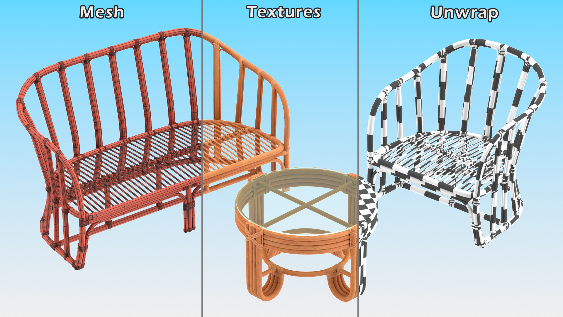 3D Vintage Rattan Furniture Set model