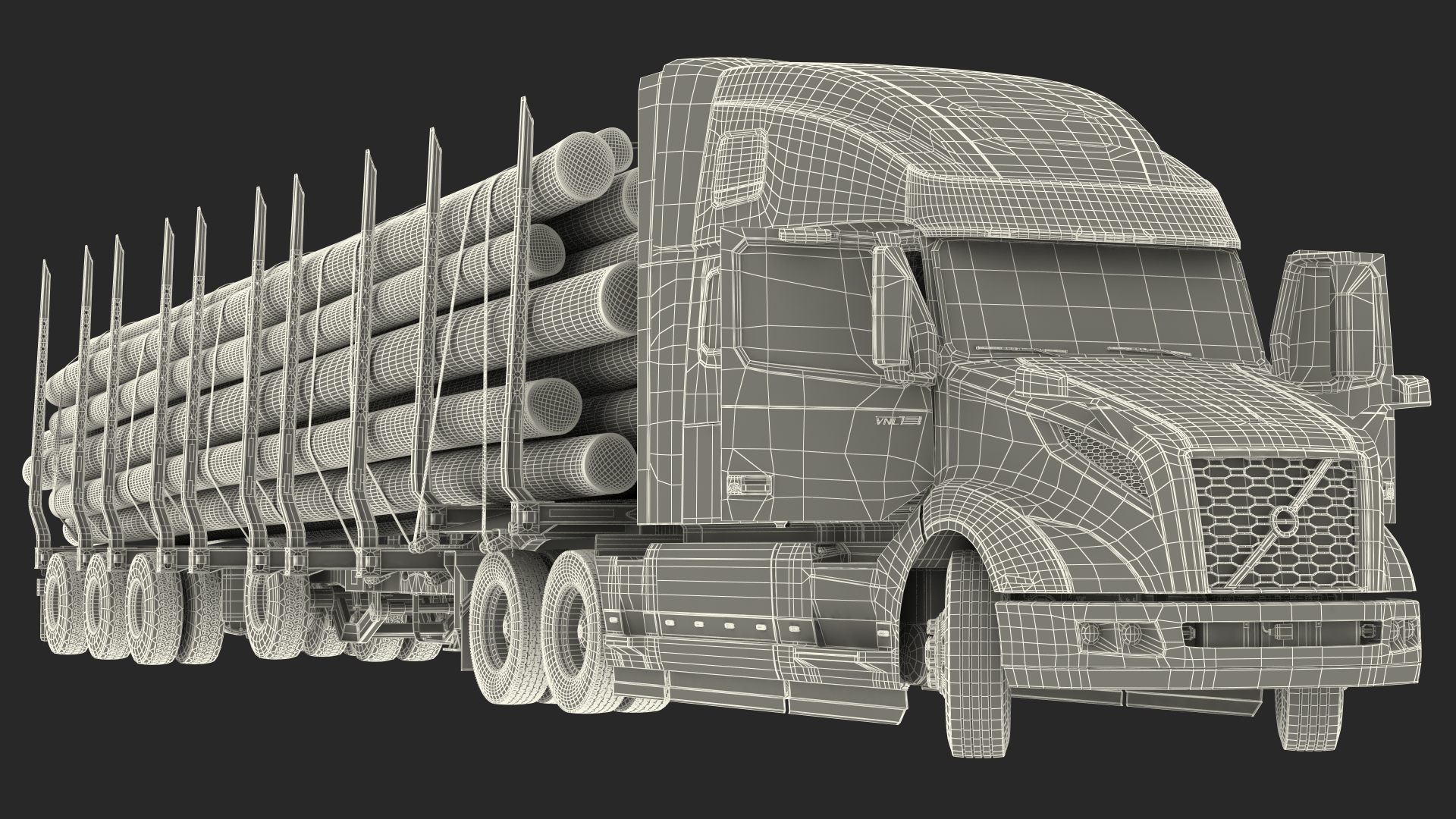 Volvo VNL 860 Truck with Logging Trailer Rigged 3D