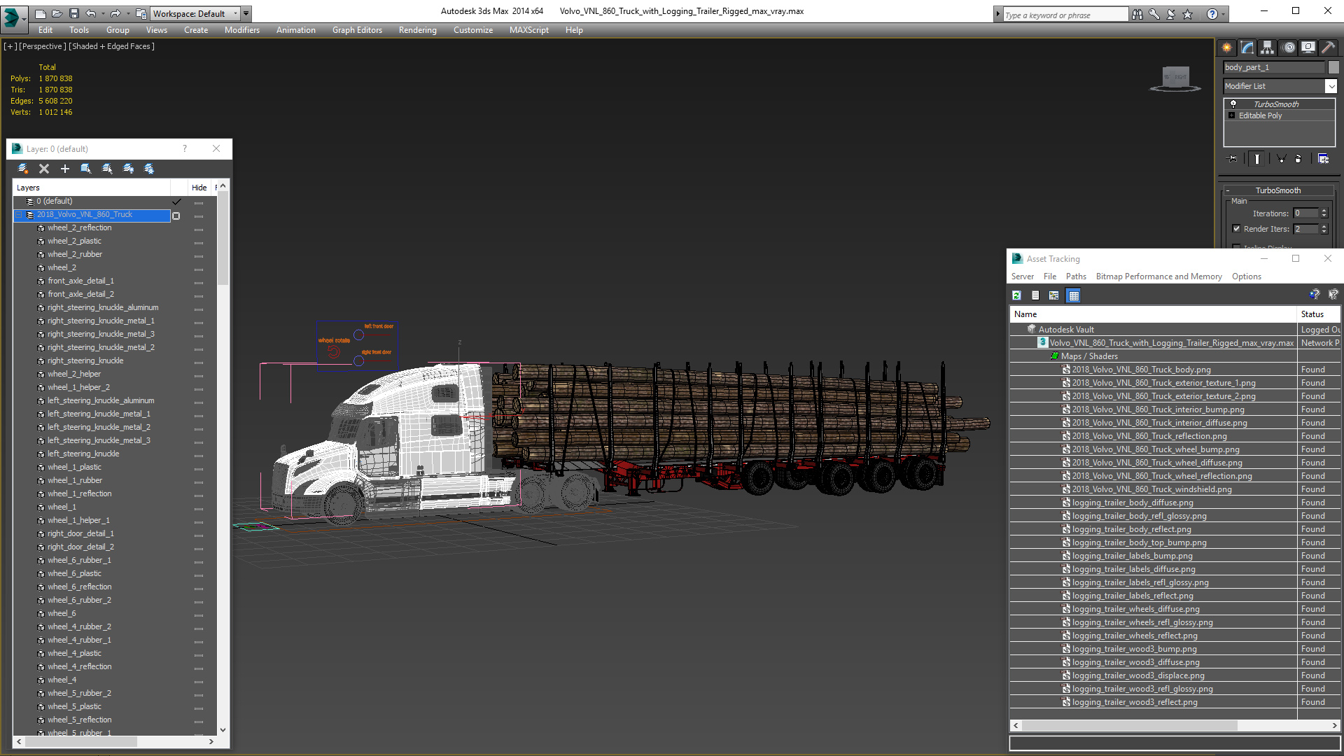 Volvo VNL 860 Truck with Logging Trailer Rigged 3D