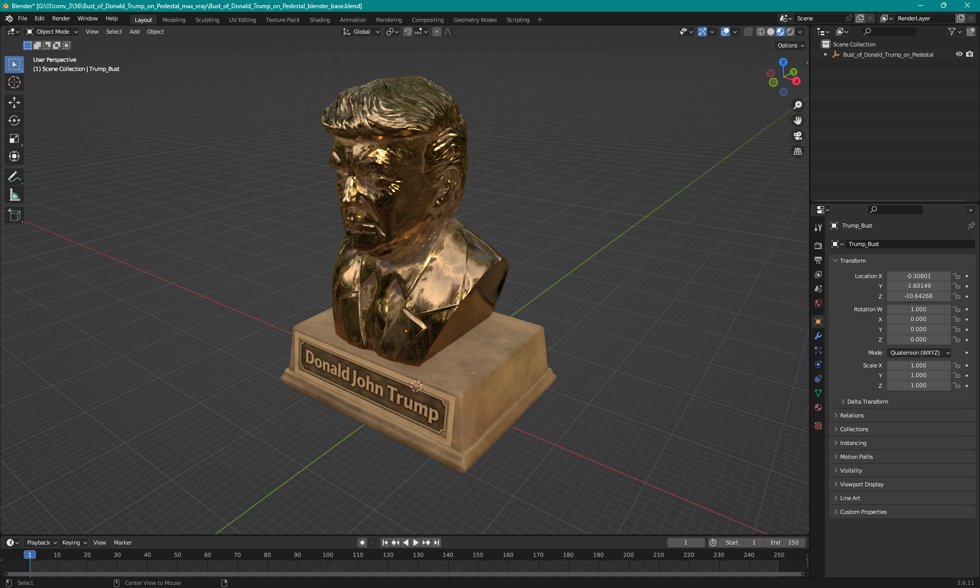 Bust of Donald Trump on Pedestal 3D